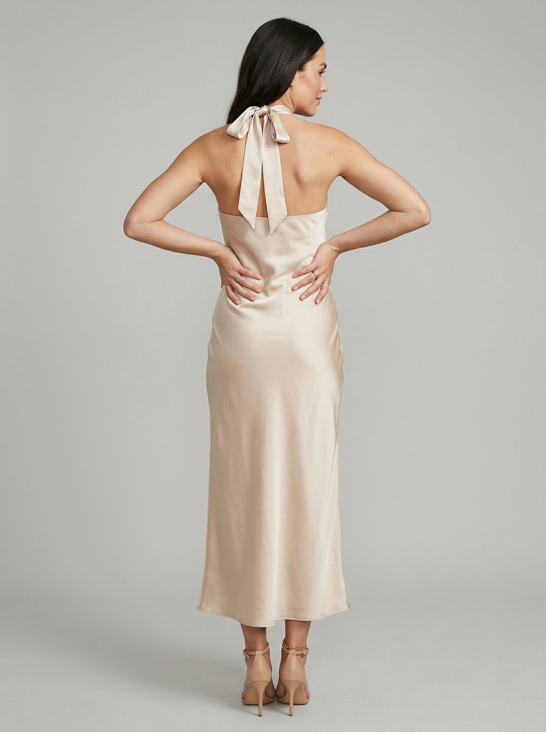 Elegant Champagne Satin Sheath Halter neckline Backless Ankle-Length Bridesmaid Dress