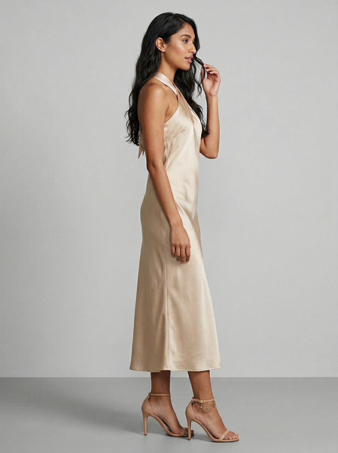 Elegant Champagne Satin Sheath Halter neckline Backless Ankle-Length Bridesmaid Dress