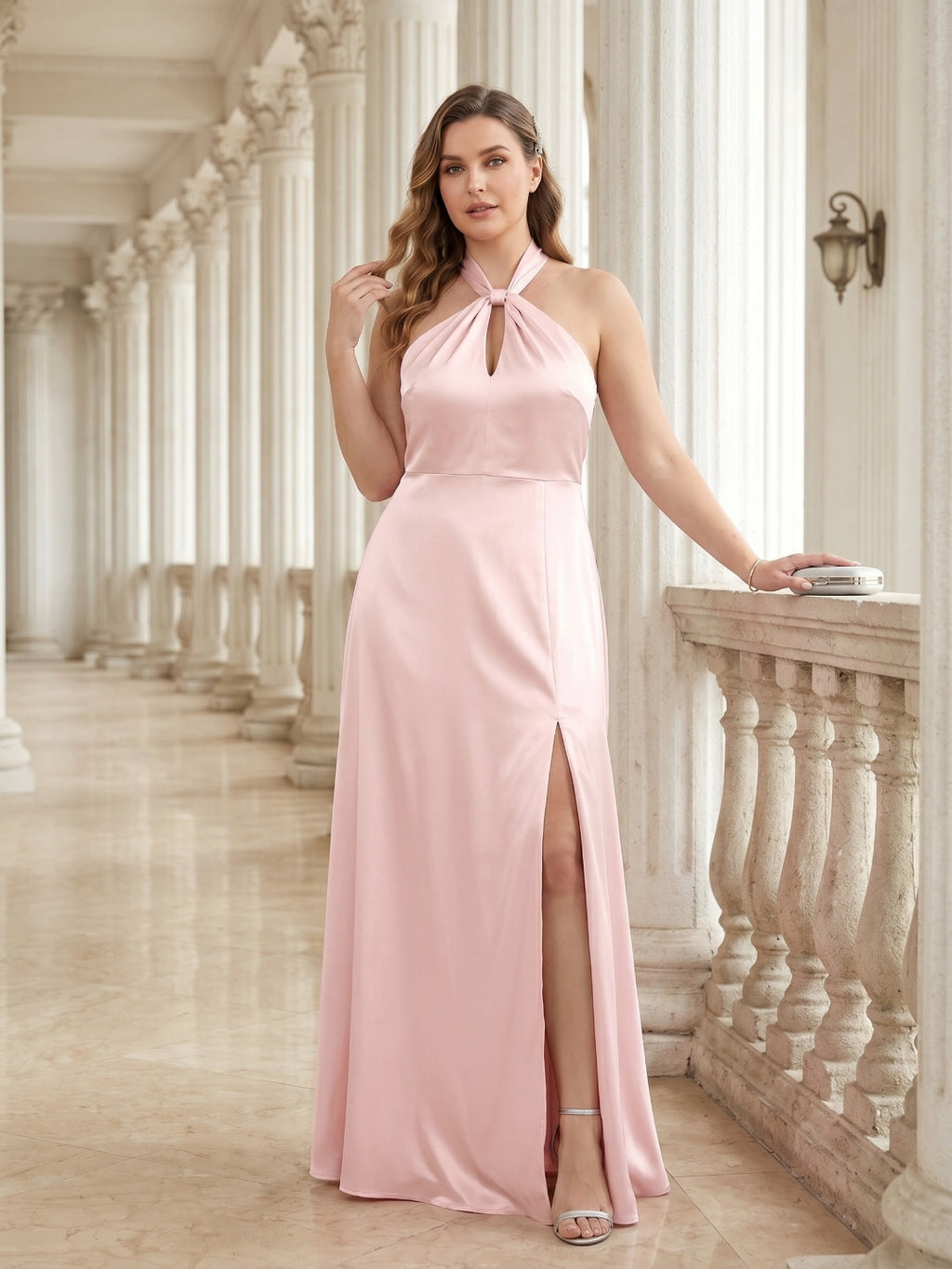 Elegant Blushing Pink Satin A-Line Halter neckline Backless Ankle-Length Plus Size Bridesmaid Dress