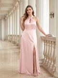 Elegant Blushing Pink Satin A-Line Halter neckline Backless Ankle-Length Plus Size Bridesmaid Dress