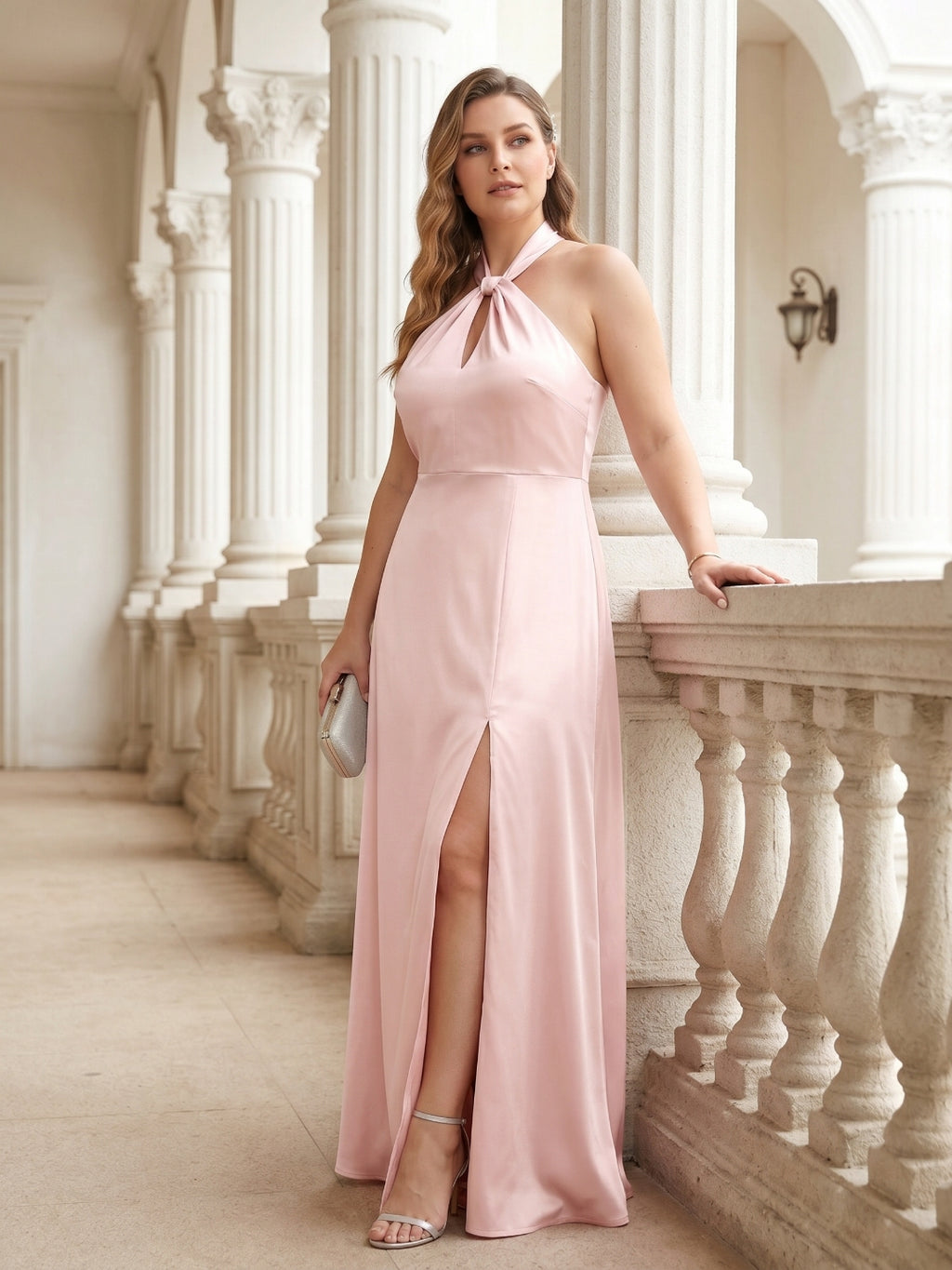 Elegant Blushing Pink Satin A-Line Halter neckline Backless Ankle-Length Plus Size Bridesmaid Dress