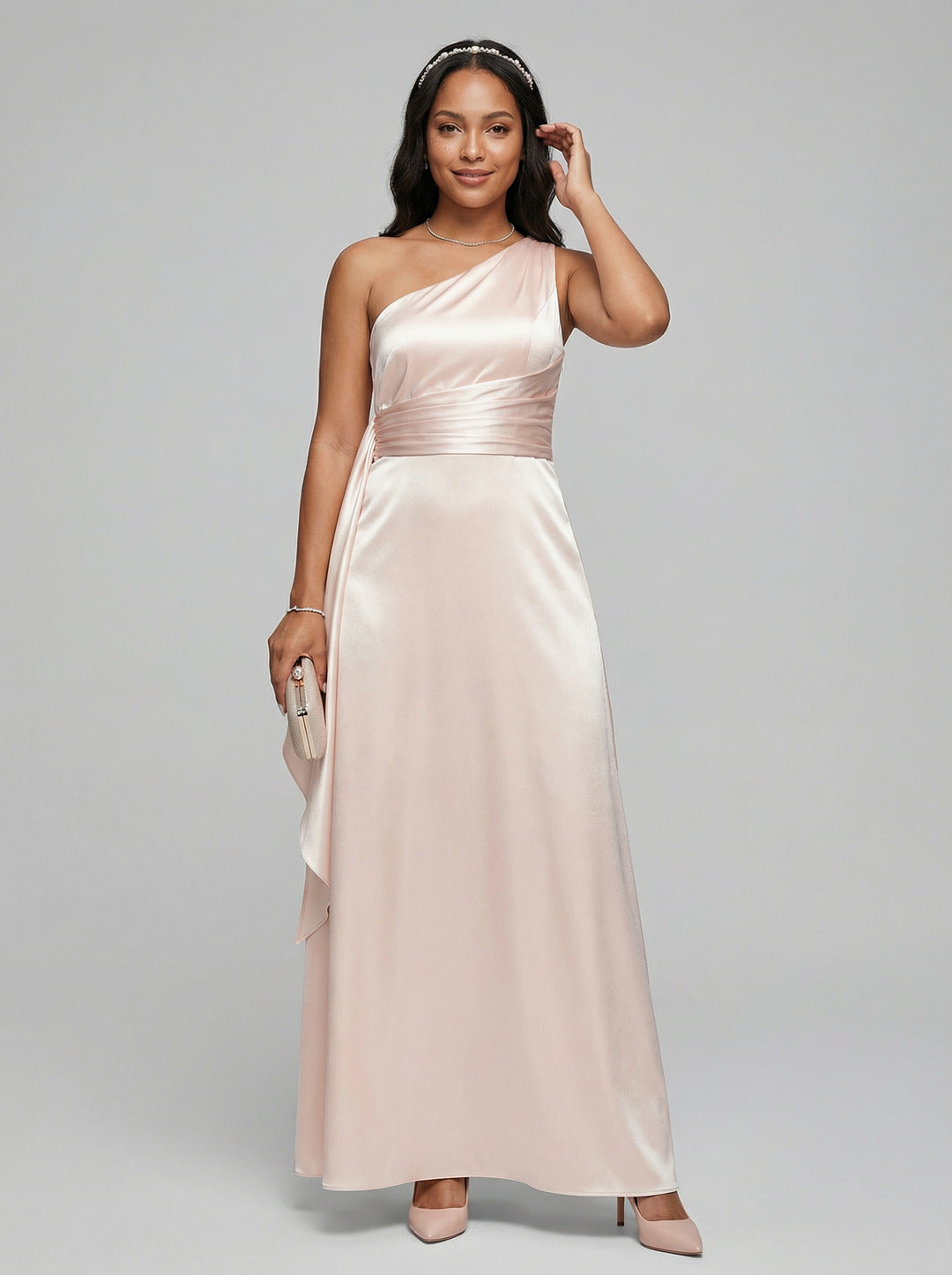 Elegant Sand Satin A-Line One Shoulder Side Zip Ankle-Length Plus Size Bridesmaid Dress