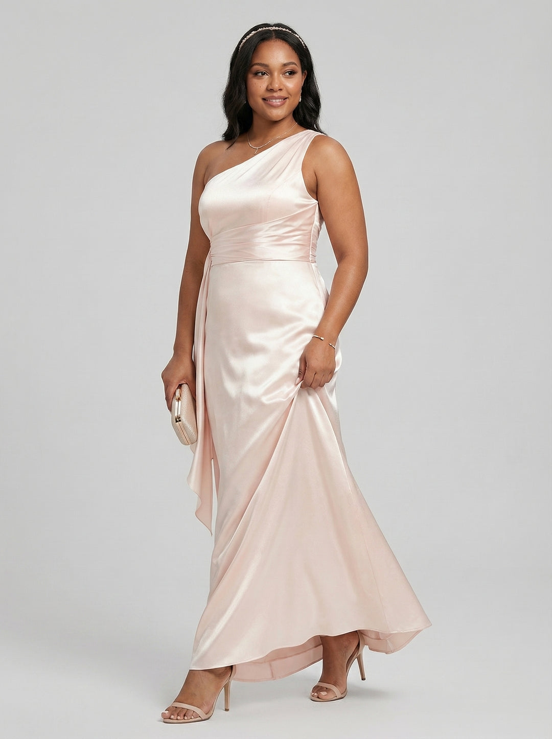 Elegant Sand Satin A-Line One Shoulder Side Zip Ankle-Length Plus Size Bridesmaid Dress