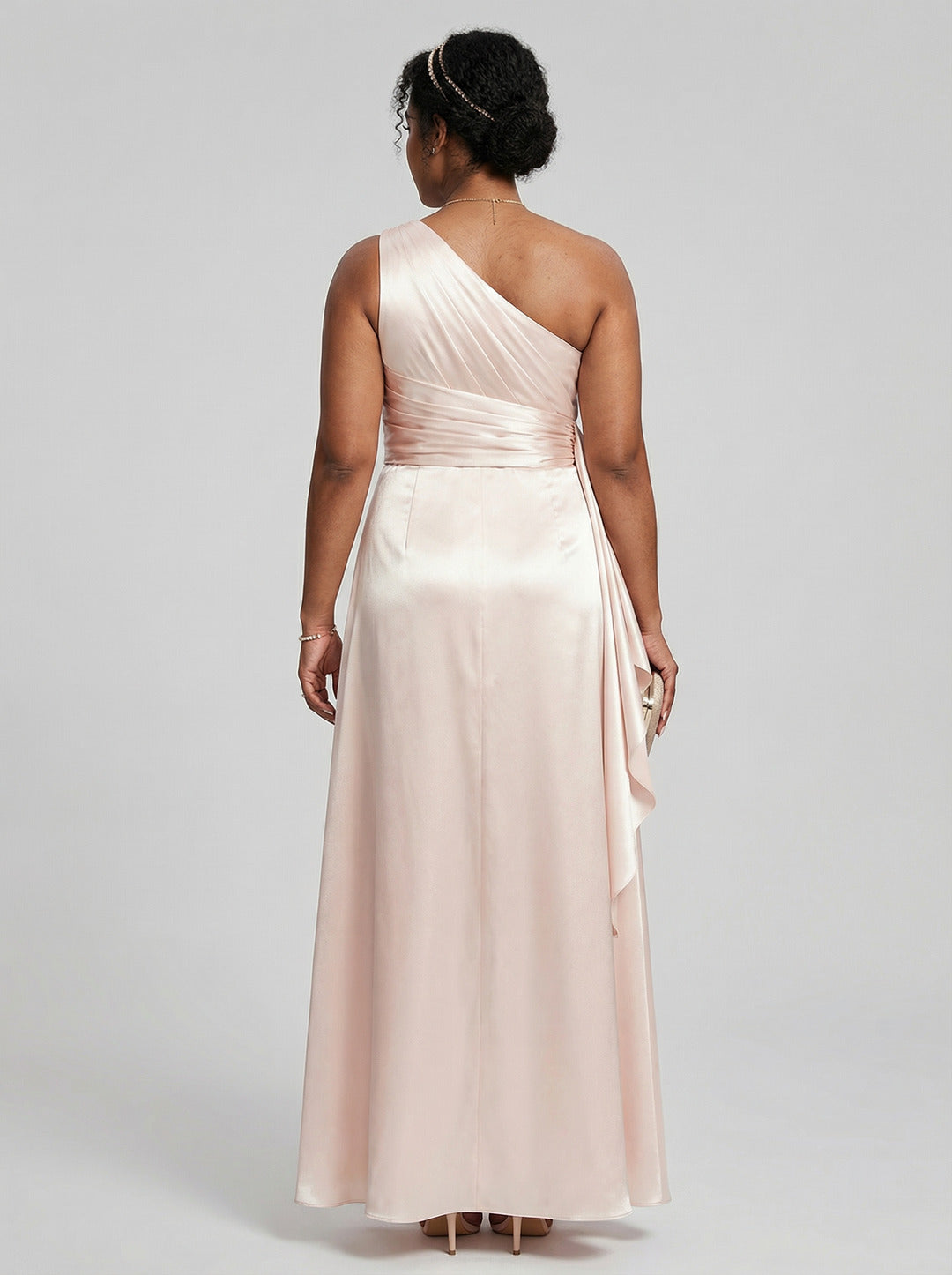 Elegant Sand Satin A-Line One Shoulder Side Zip Ankle-Length Plus Size Bridesmaid Dress