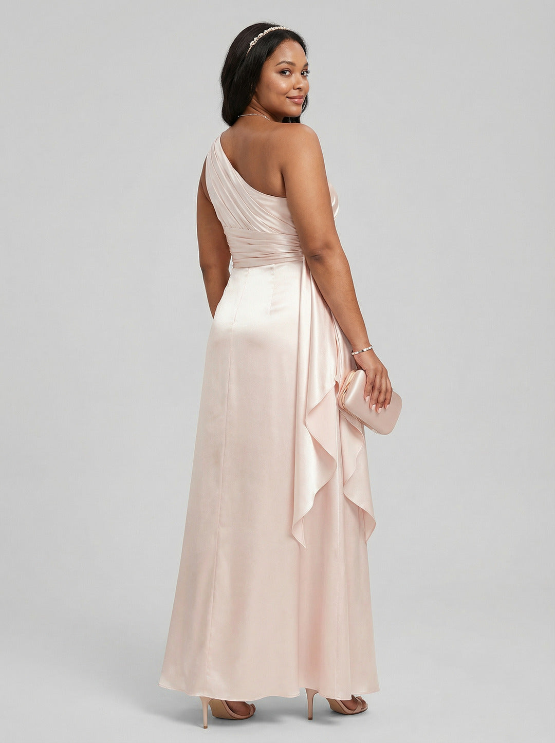 Elegant Sand Satin A-Line One Shoulder Side Zip Ankle-Length Plus Size Bridesmaid Dress