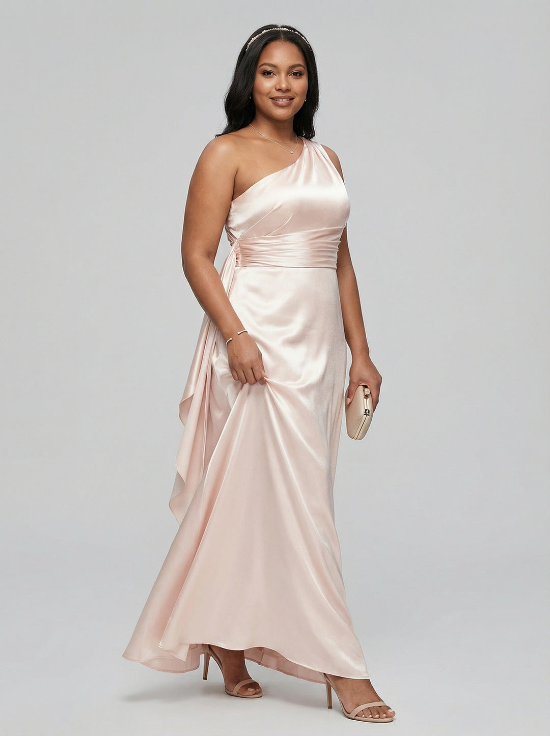 Elegant Sand Satin A-Line One Shoulder Side Zip Ankle-Length Plus Size Bridesmaid Dress
