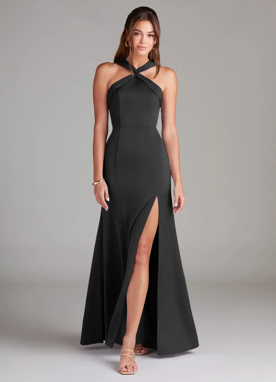 Elegant Bridesmaid Dress with Halter Neck, Open Back and Side Slit