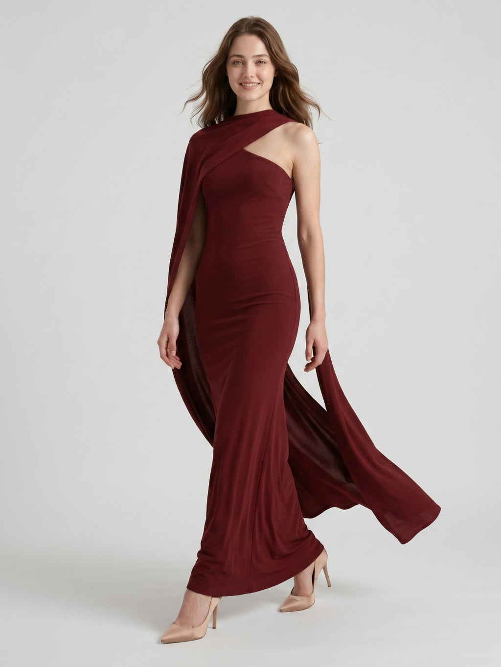 Elegant Burgundy Stretch Knit column One Shoulder Ankle-Length Bridesmaid Dress