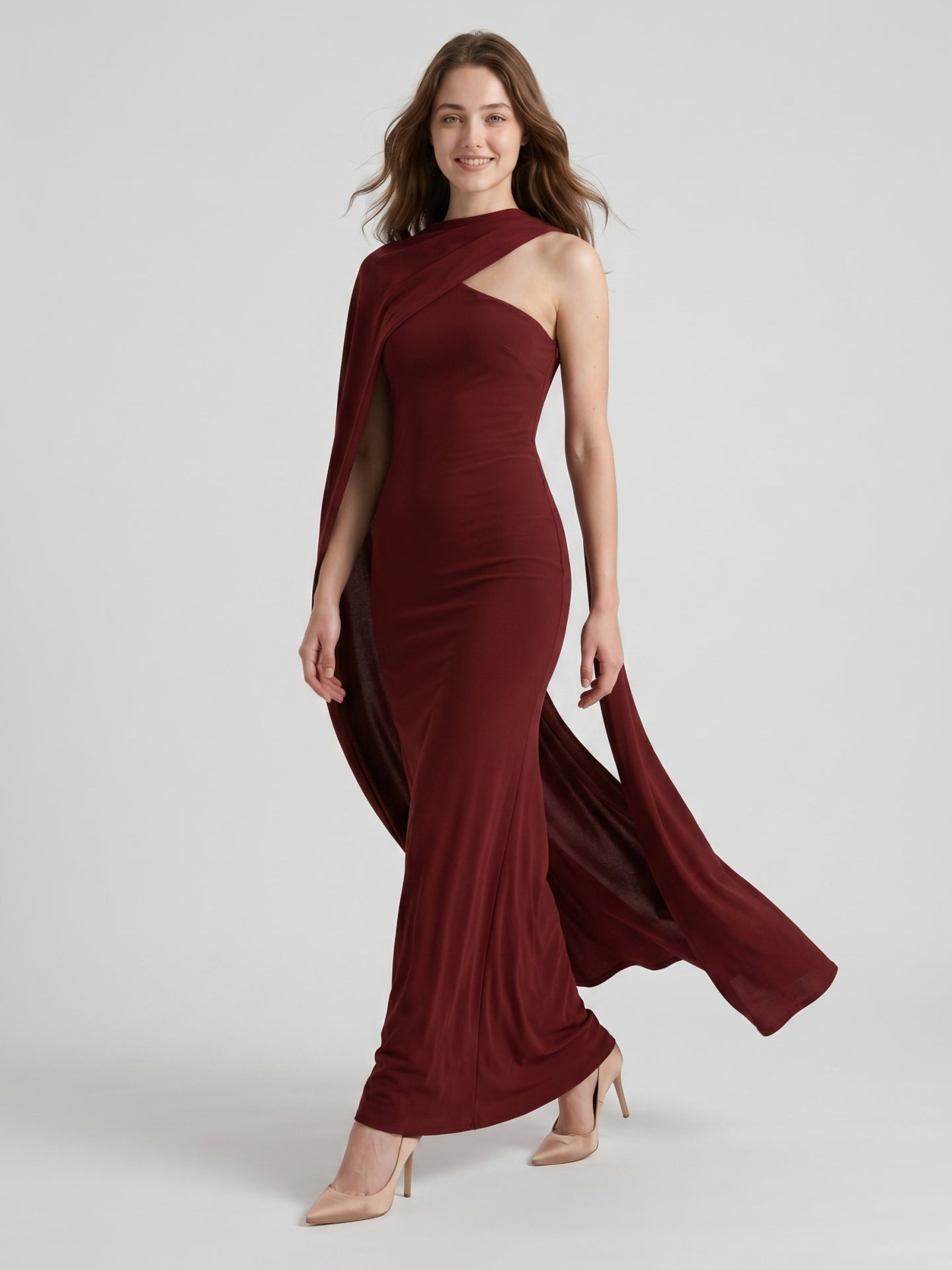 Elegant Burgundy Stretch Knit column One Shoulder Ankle-Length Bridesmaid Dress