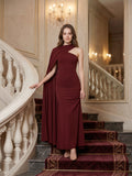 Elegant Burgundy Stretch Knit column One Shoulder Ankle-Length Bridesmaid Dress