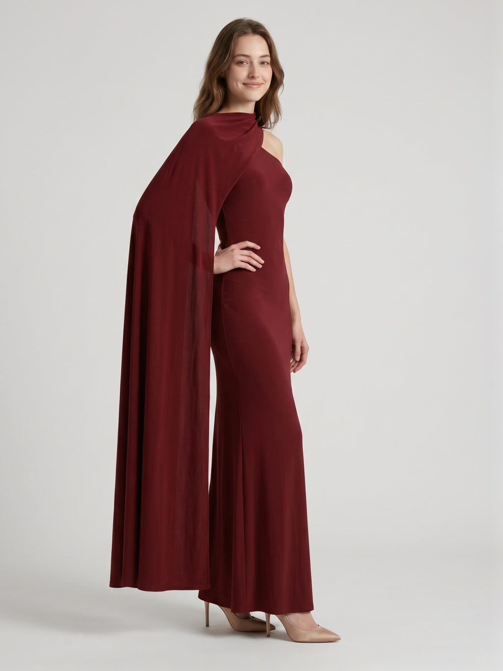 Elegant Burgundy Stretch Knit column One Shoulder Ankle-Length Bridesmaid Dress