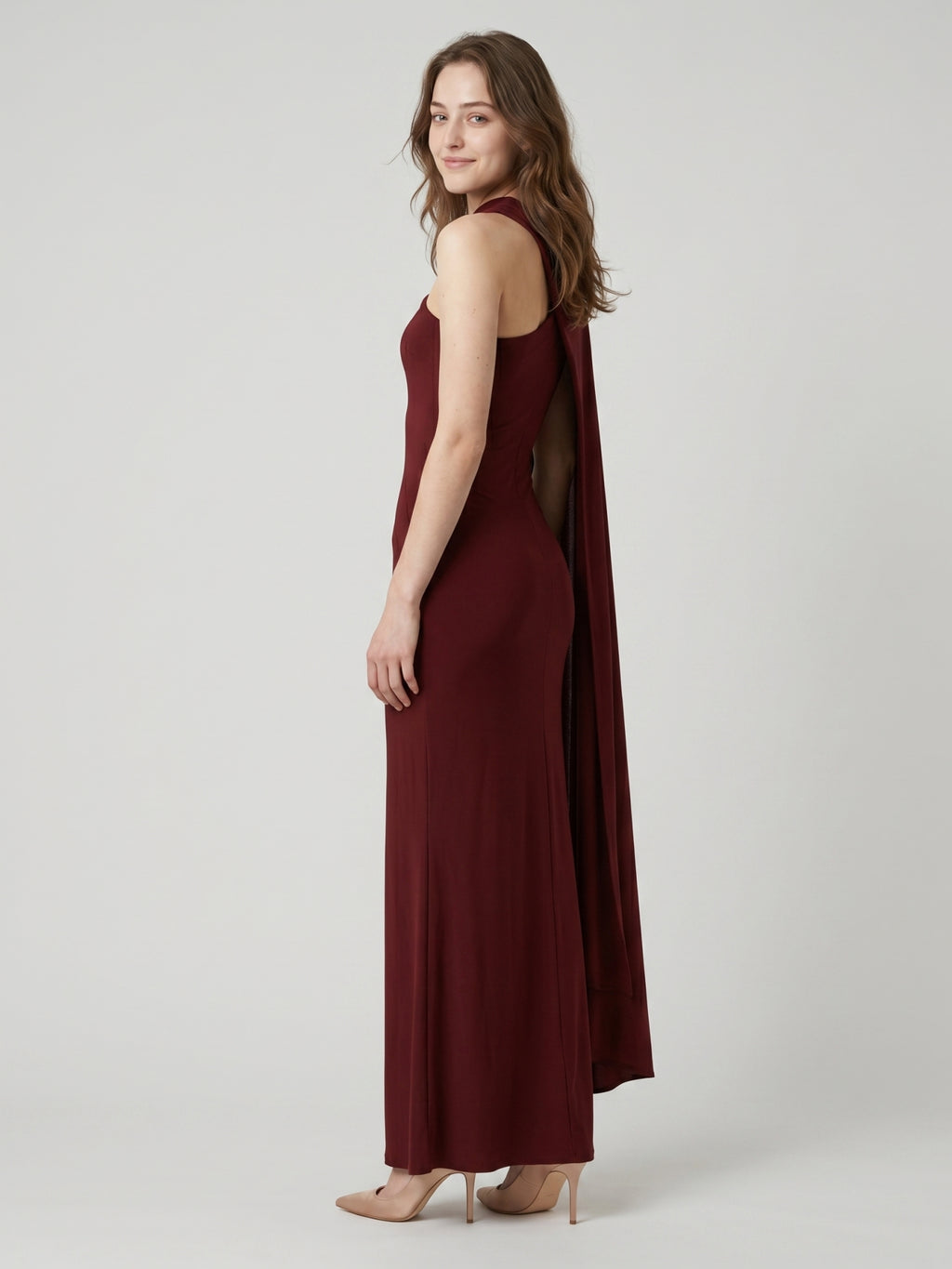 Elegant Burgundy Stretch Knit column One Shoulder Ankle-Length Bridesmaid Dress