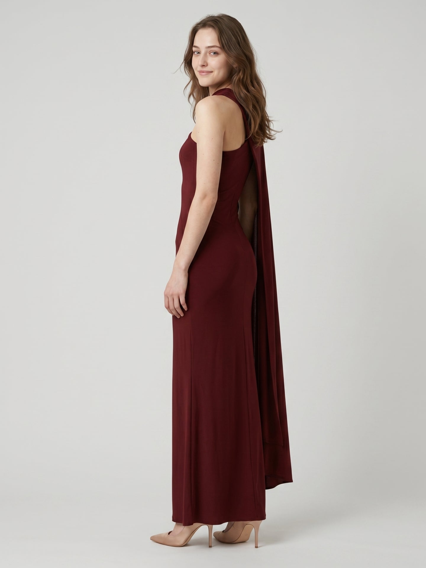 Elegant Burgundy Stretch Knit column One Shoulder Ankle-Length Bridesmaid Dress