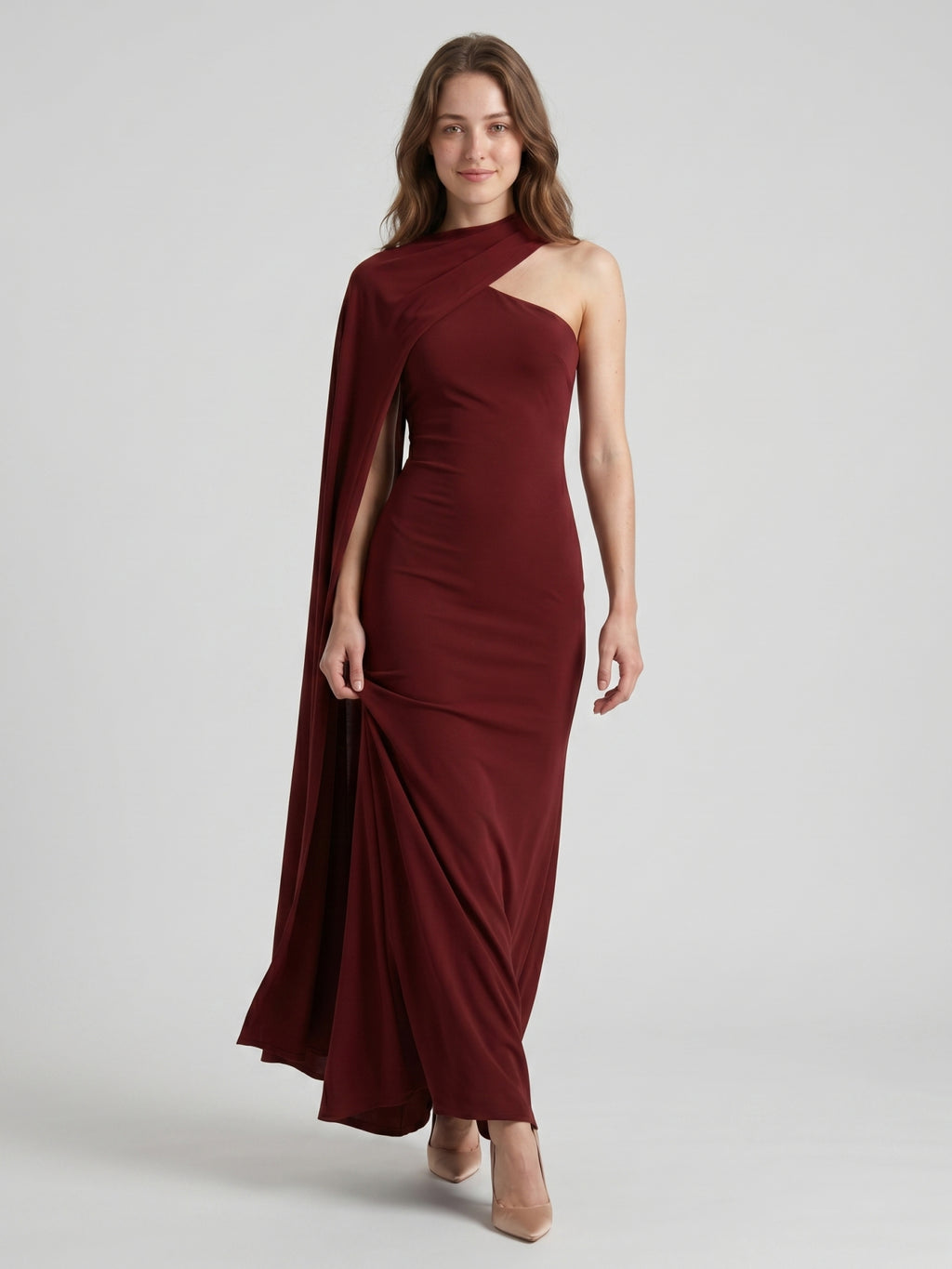 Elegant Burgundy Stretch Knit column One Shoulder Ankle-Length Bridesmaid Dress