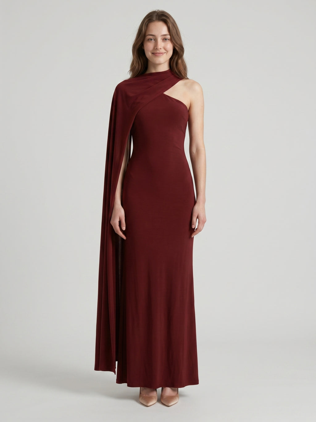Elegant Burgundy Stretch Knit column One Shoulder Ankle-Length Bridesmaid Dress