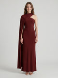 Elegant Burgundy Stretch Knit column One Shoulder Ankle-Length Bridesmaid Dress