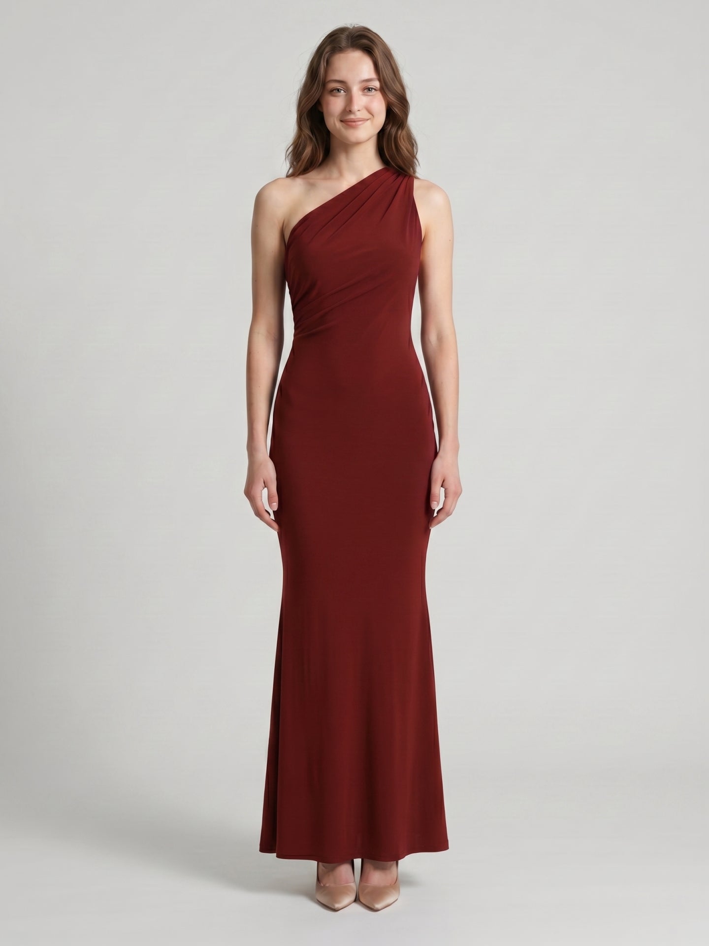 Elegant Burgundy Stretch Knit mermaid One Shoulder Backless Ankle-Length Bridesmaid Dress