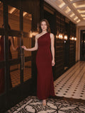 Elegant Burgundy Stretch Knit mermaid One Shoulder Backless Ankle-Length Bridesmaid Dress