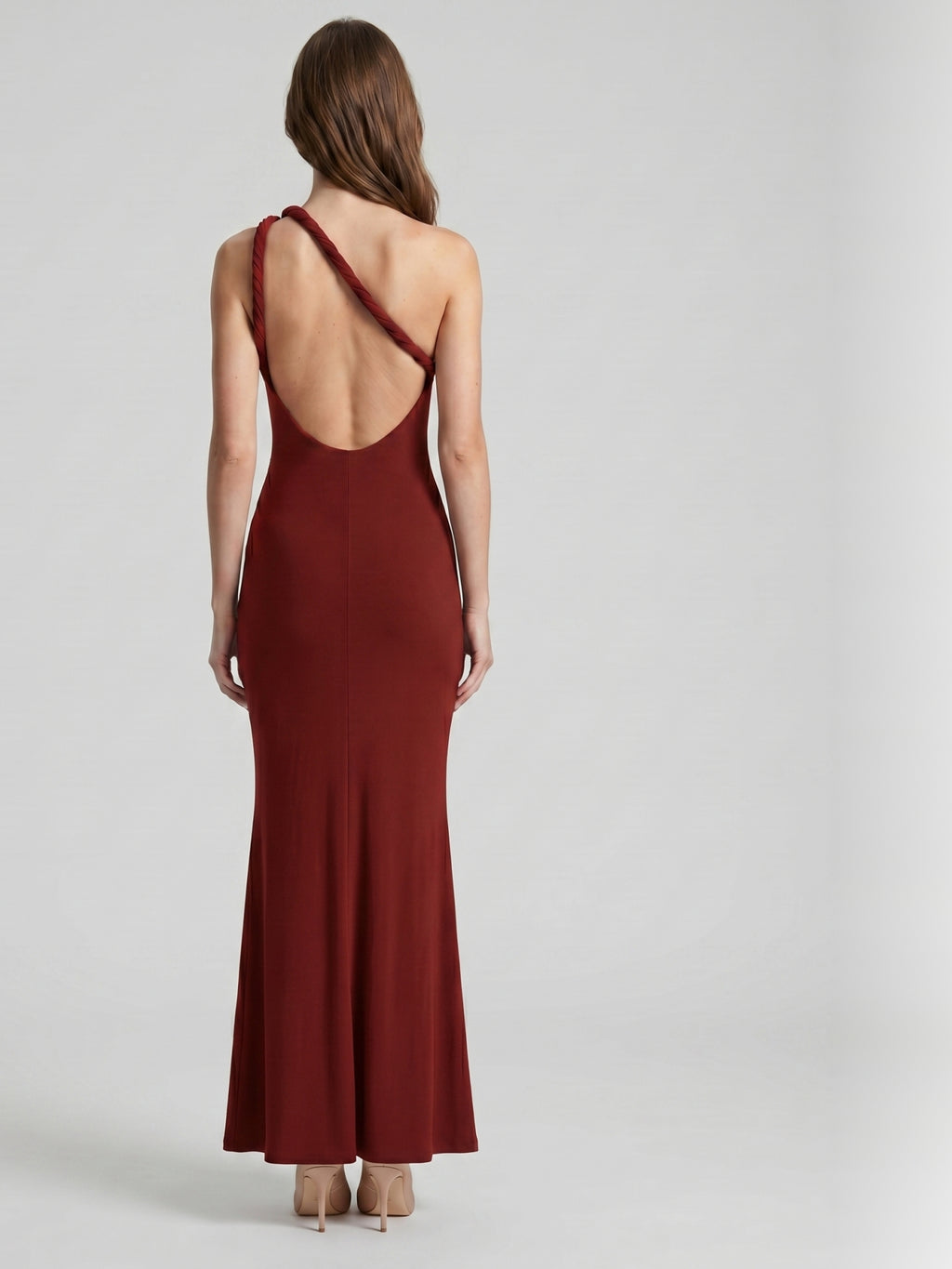 Elegant Burgundy Stretch Knit mermaid One Shoulder Backless Ankle-Length Bridesmaid Dress