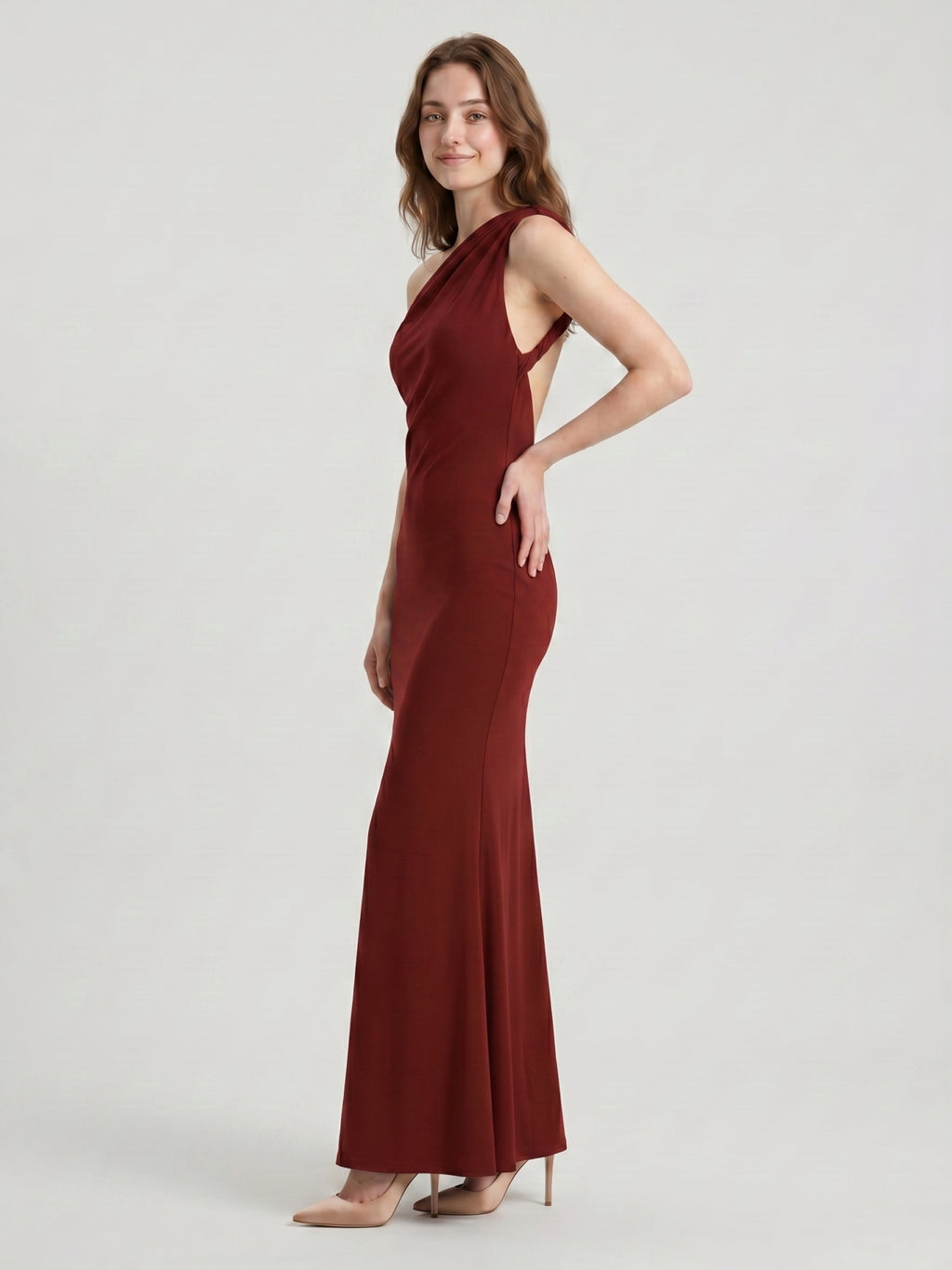 Elegant Burgundy Stretch Knit mermaid One Shoulder Backless Ankle-Length Bridesmaid Dress