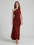 Elegant Burgundy Stretch Knit mermaid One Shoulder Backless Ankle-Length Bridesmaid Dress