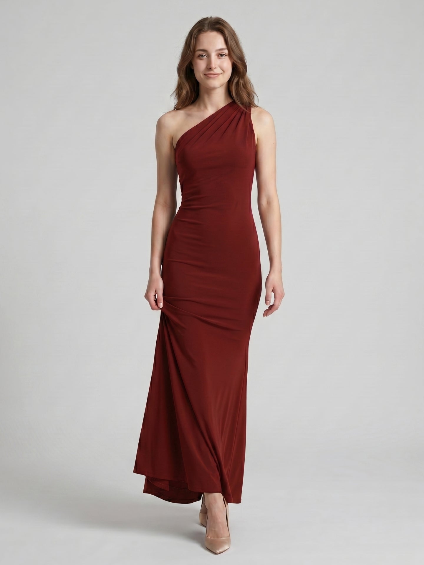 Elegant Burgundy Stretch Knit mermaid One Shoulder Backless Ankle-Length Bridesmaid Dress