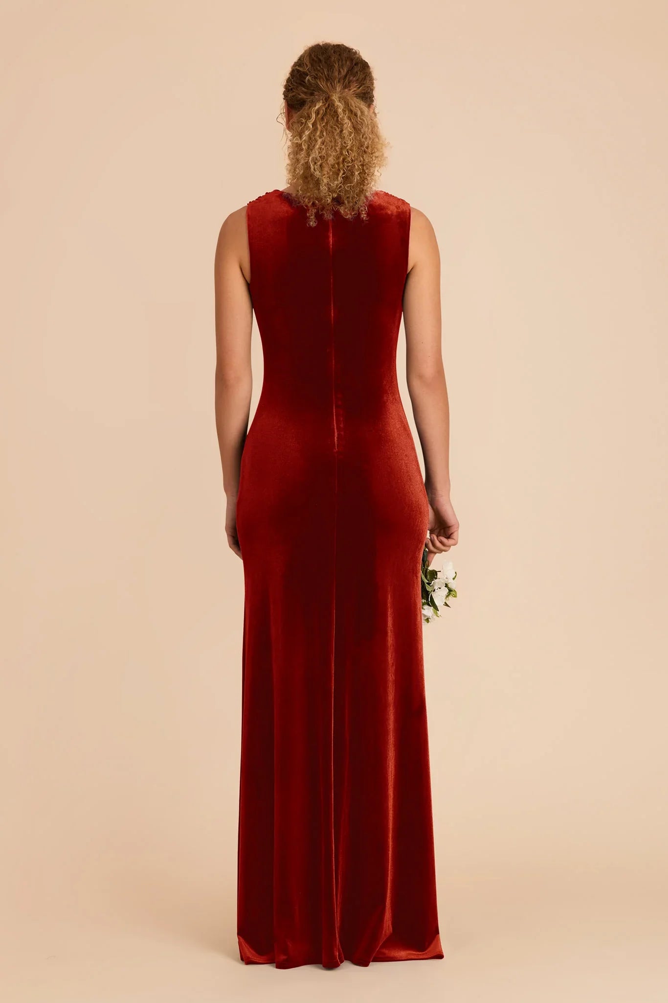 Elegant Burnt Orange Velvet Cowl Neck Sleeveless Maxi Bridesmaid Dress with Streamlined Silhouette