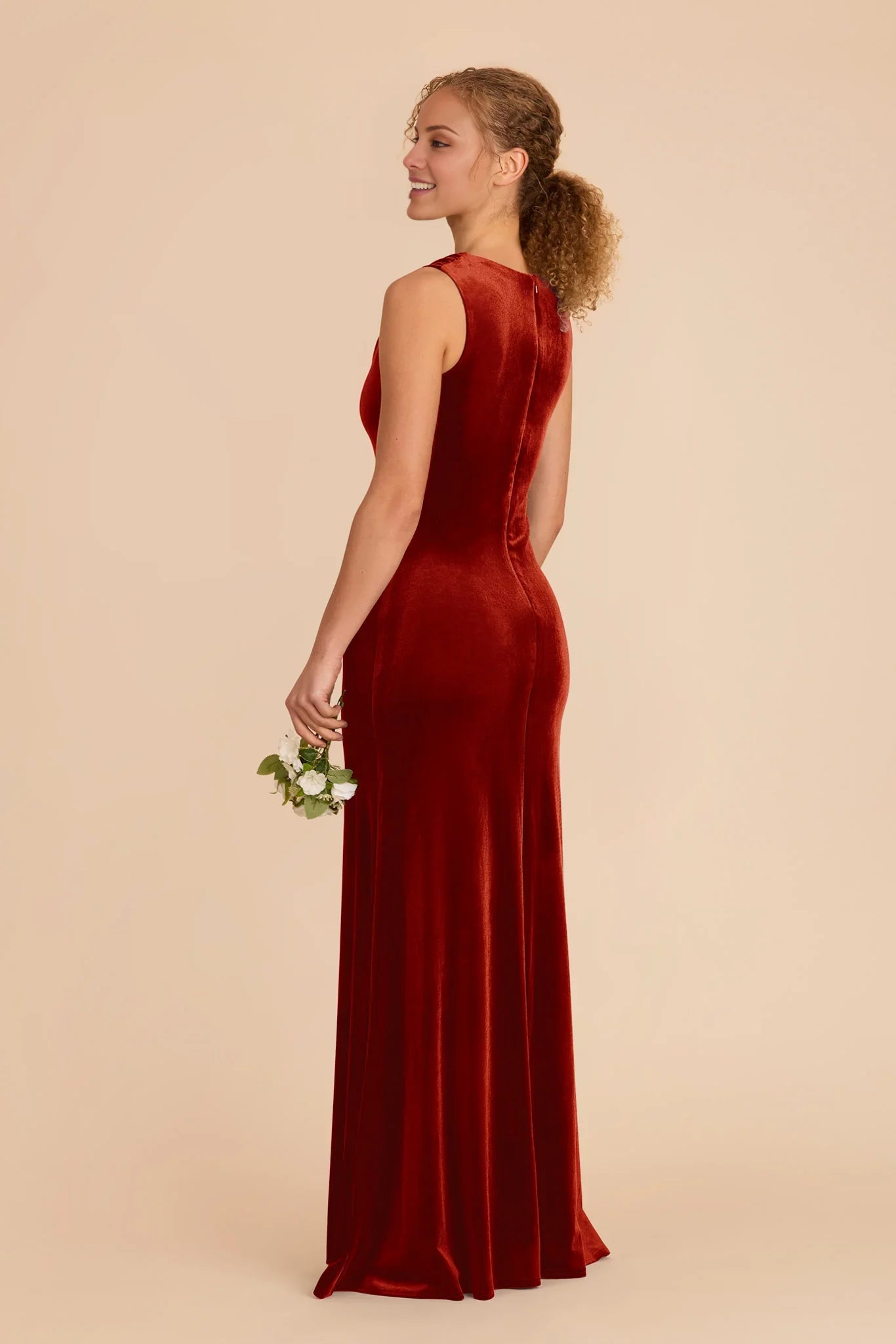 Elegant Burnt Orange Velvet Cowl Neck Sleeveless Maxi Bridesmaid Dress with Streamlined Silhouette
