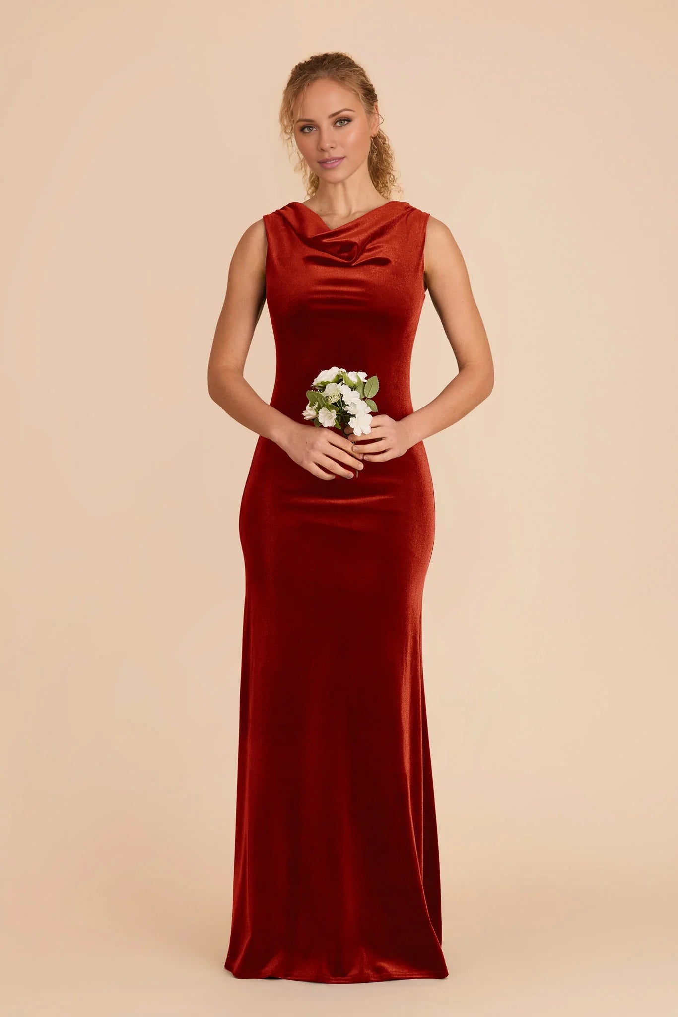 Elegant Burnt Orange Velvet Cowl Neck Sleeveless Maxi Bridesmaid Dress with Streamlined Silhouette