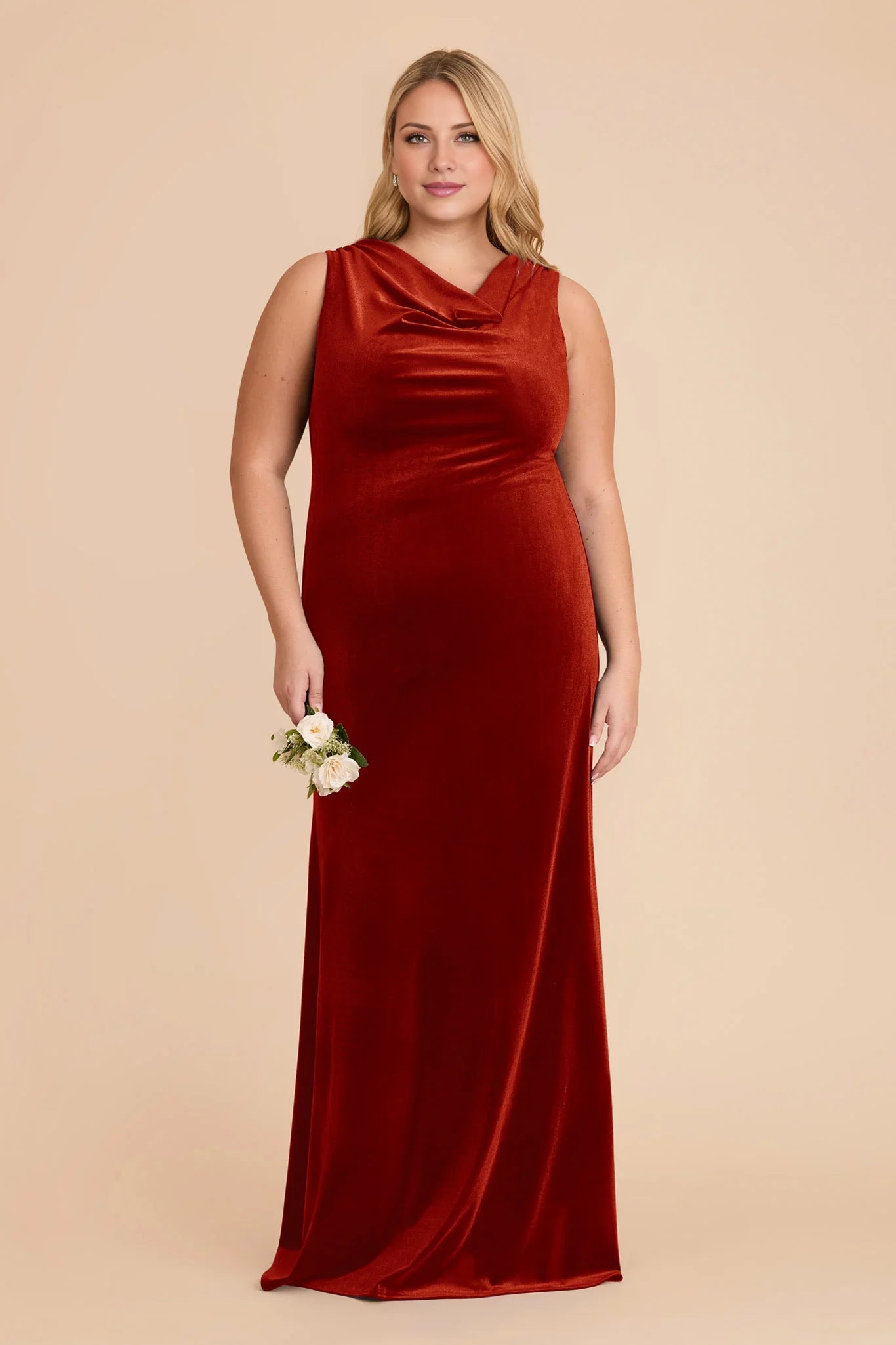 Elegant Burnt Orange Velvet Cowl Neck Sleeveless Maxi Bridesmaid Dress with Streamlined Silhouette