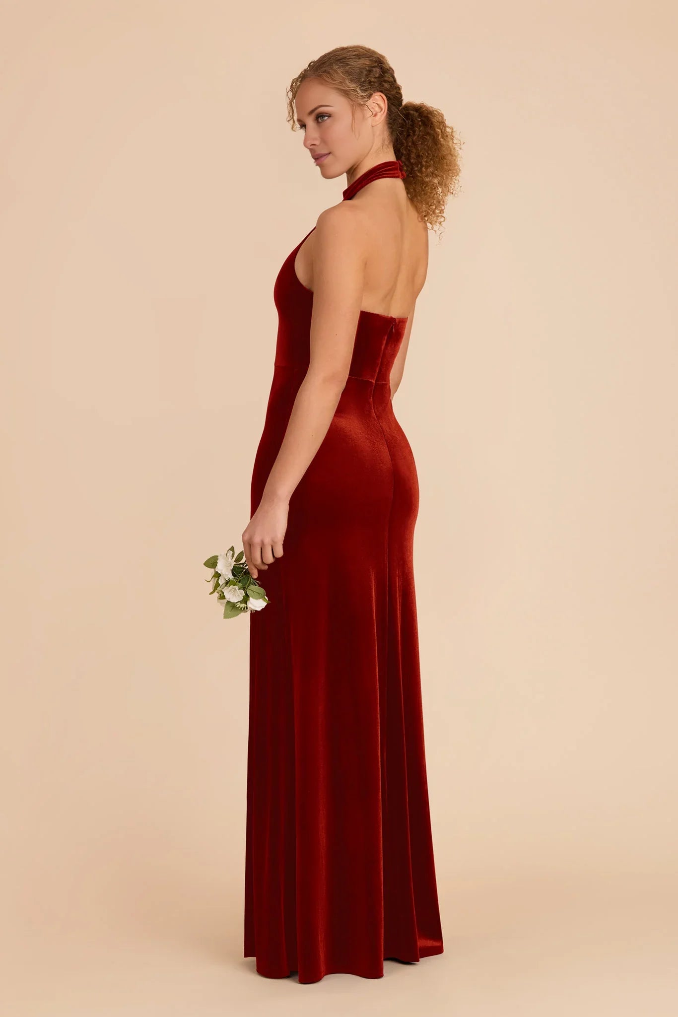 Elegant Burnt Orange Velvet Halter Neck Maxi Bridesmaid Dress with High Side Slit & Open Back