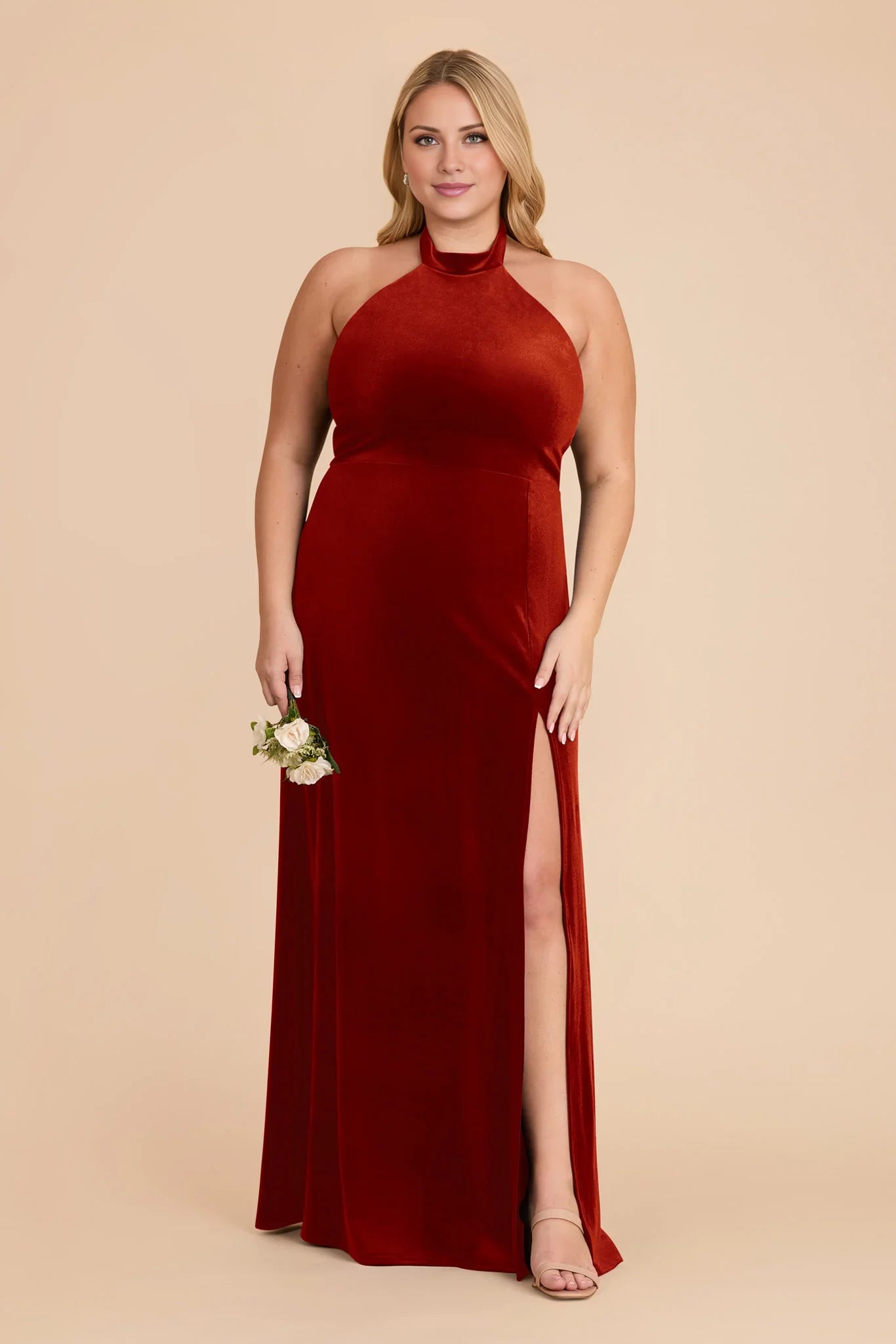 Elegant Burnt Orange Velvet Halter Neck Maxi Bridesmaid Dress with High Side Slit & Open Back