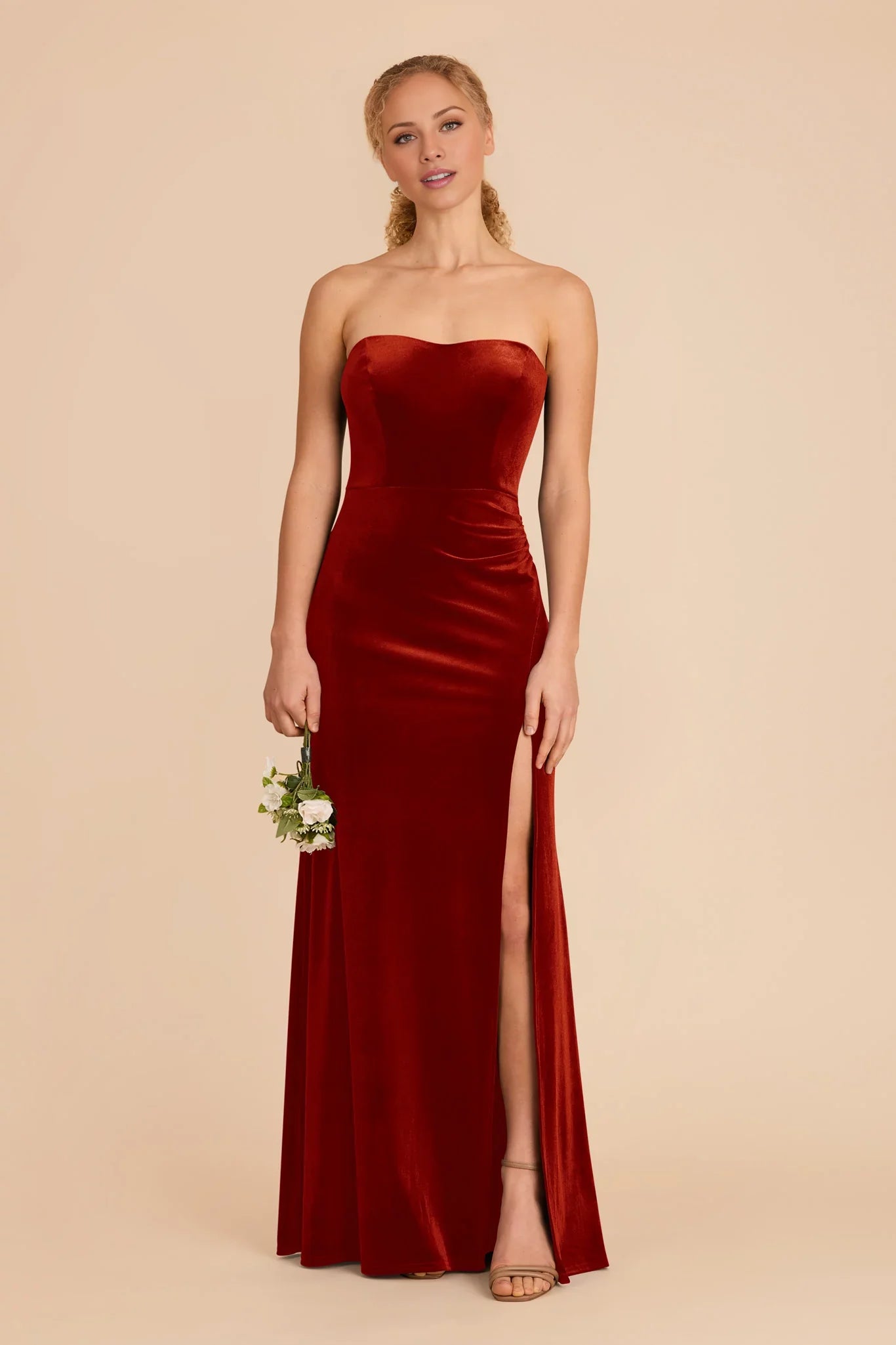 Elegant Burnt Orange Velvet Strapless Maxi Bridesmaid Dress with High Side Slit & Sleek Silhouette