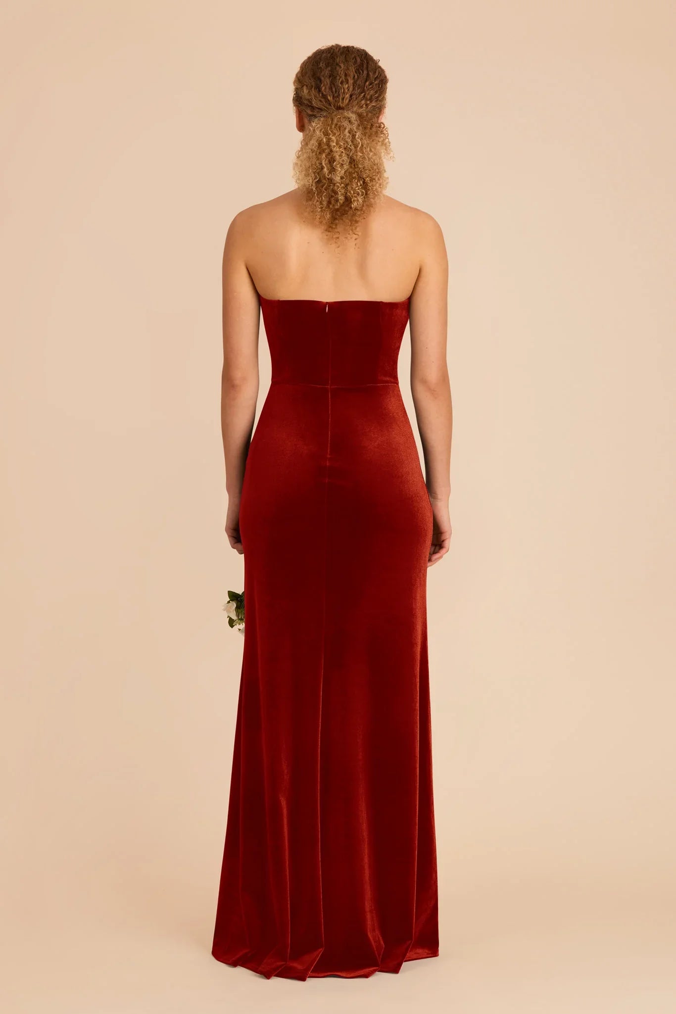 Elegant Burnt Orange Velvet Strapless Maxi Bridesmaid Dress with High Side Slit & Sleek Silhouette