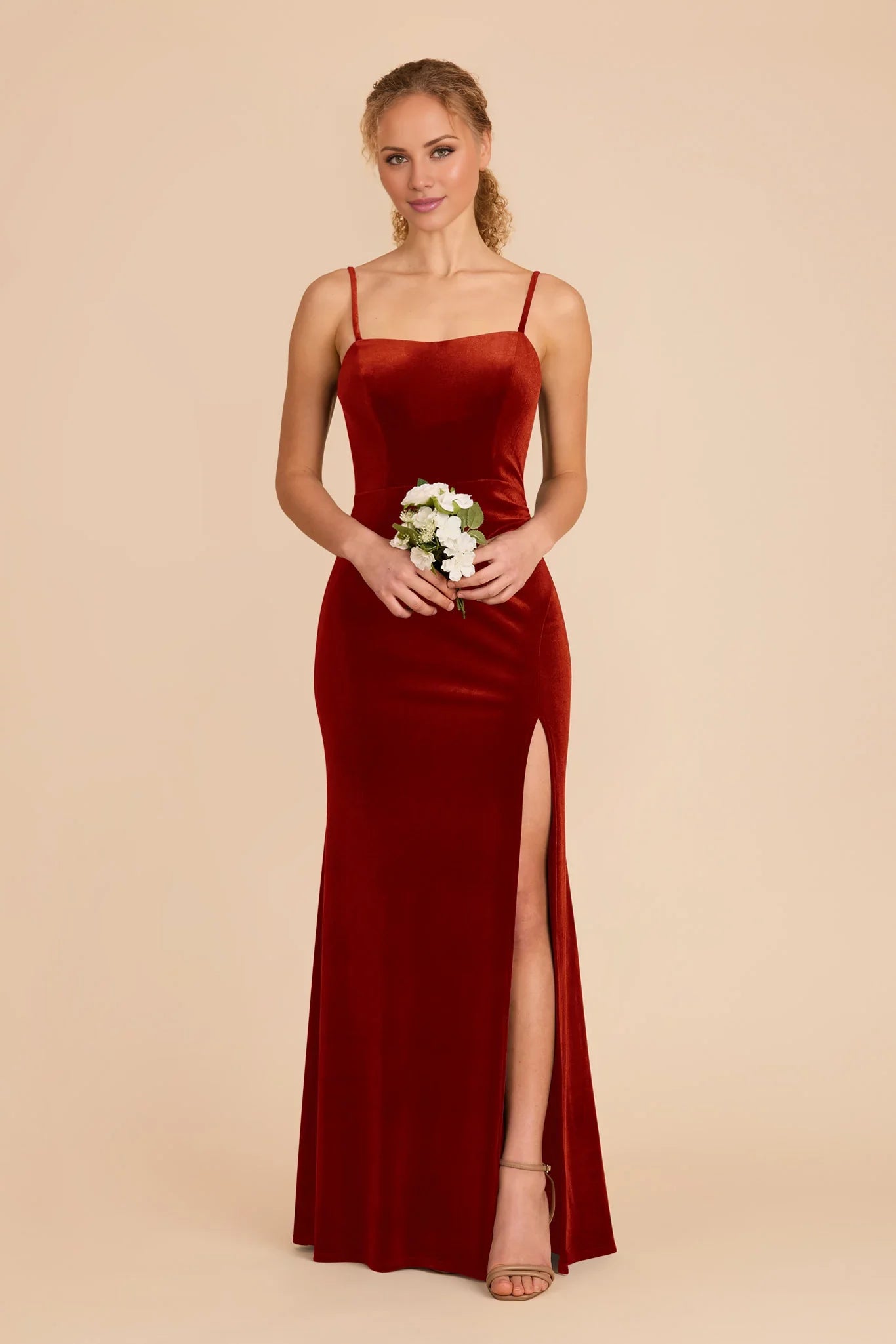 Elegant Burnt Orange Velvet Strapless Maxi Bridesmaid Dress with High Side Slit & Sleek Silhouette