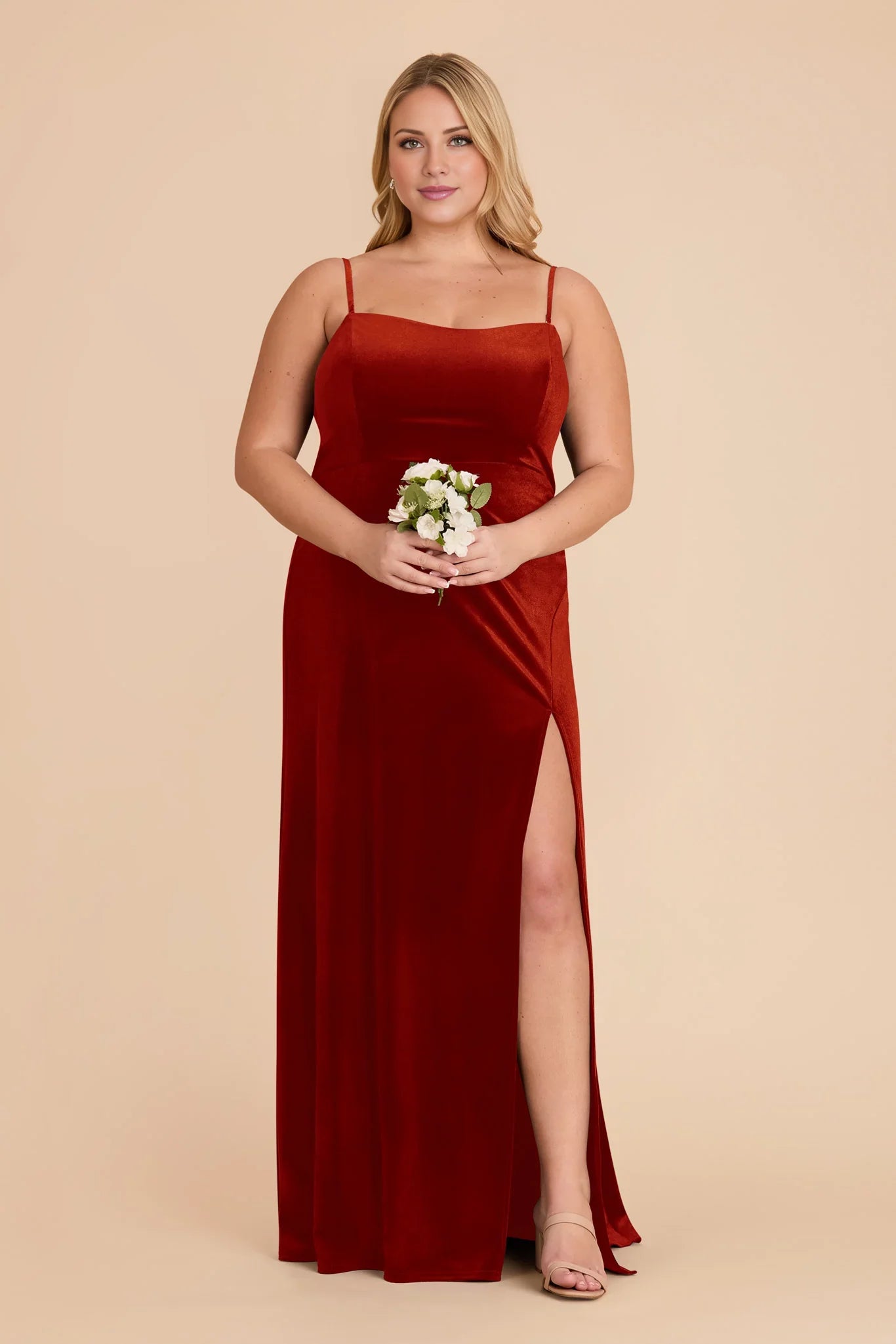 Elegant Burnt Orange Velvet Strapless Maxi Bridesmaid Dress with High Side Slit & Sleek Silhouette