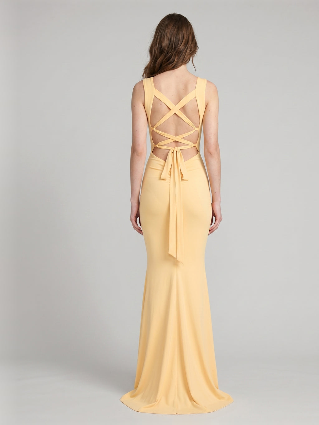 Elegant Butter Stretch Knit mermaid Square Neck Criss-Cross Straps Ankle-Length Bridesmaid Dress