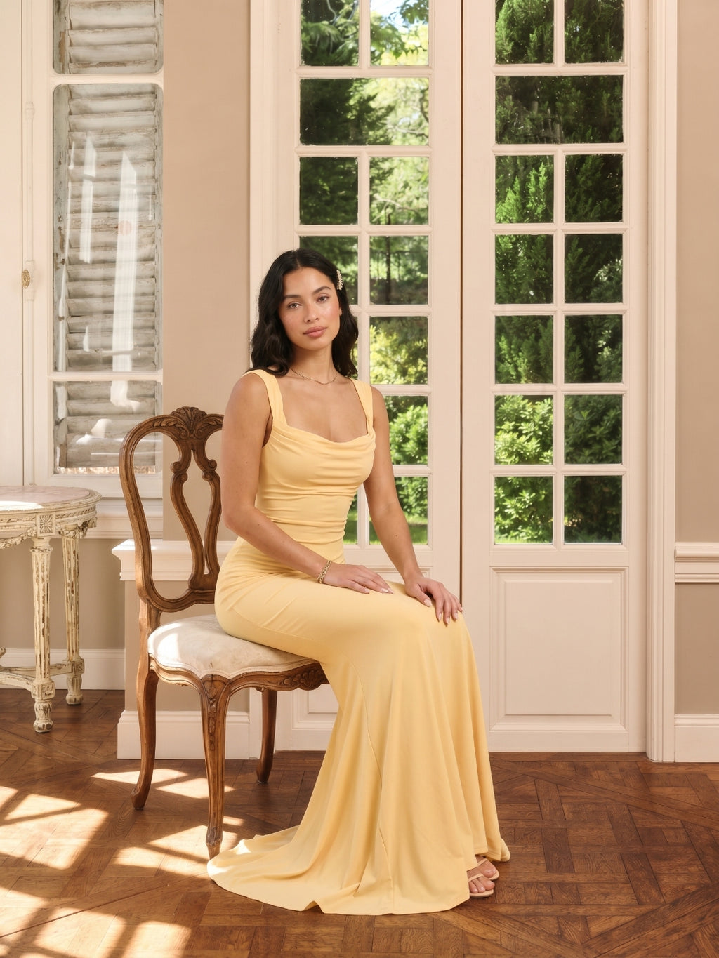 Elegant Butter Stretch Knit mermaid Square Neck Criss-Cross Straps Ankle-Length Bridesmaid Dress