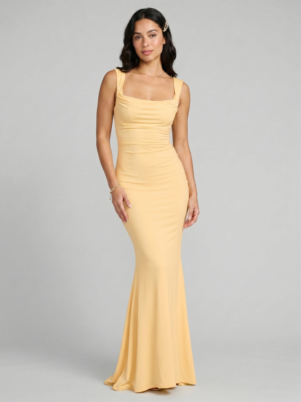 Elegant Butter Stretch Knit mermaid Square Neck Criss-Cross Straps Ankle-Length Bridesmaid Dress