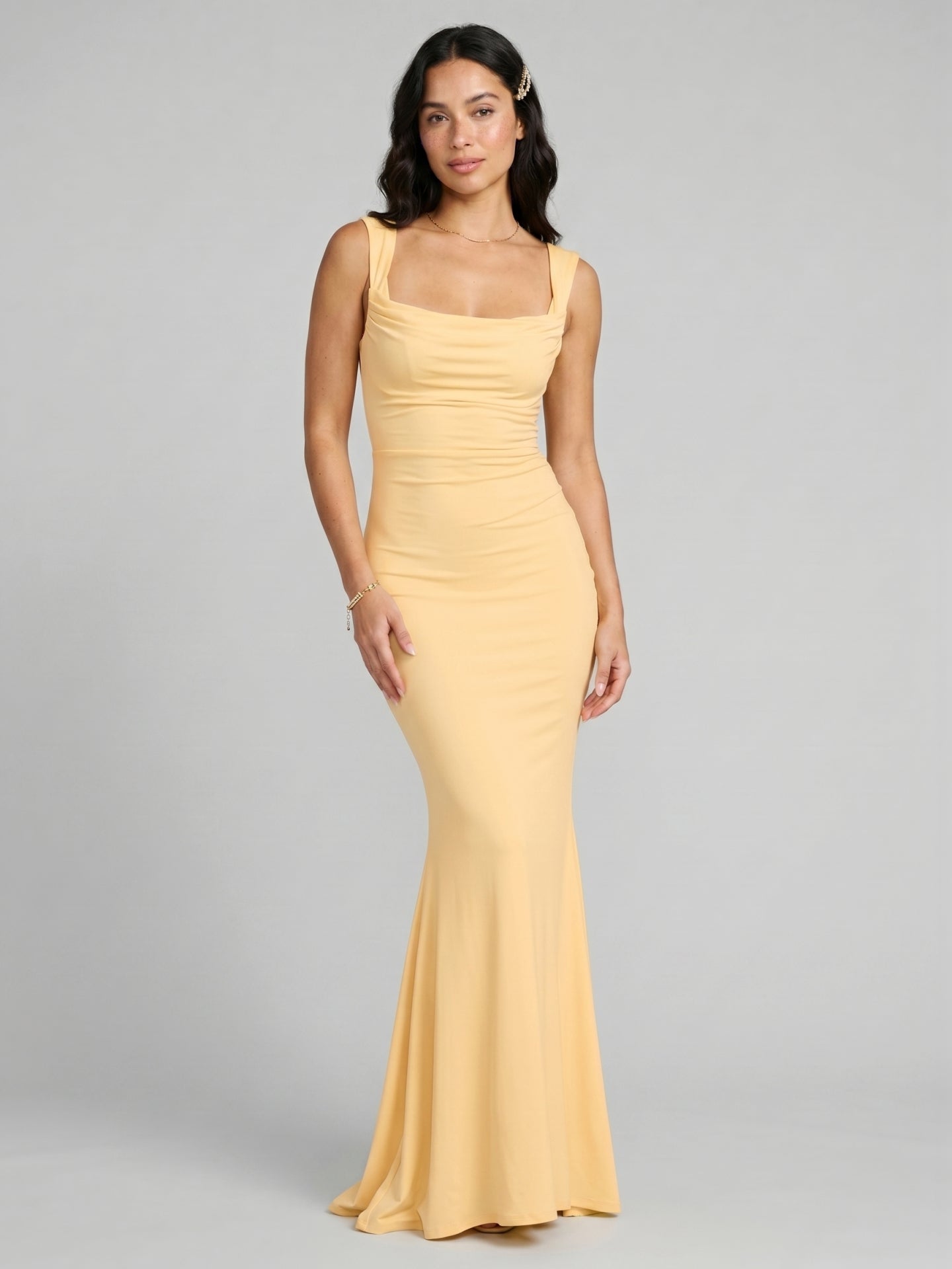 Elegant Butter Stretch Knit mermaid Square Neck Criss-Cross Straps Ankle-Length Bridesmaid Dress
