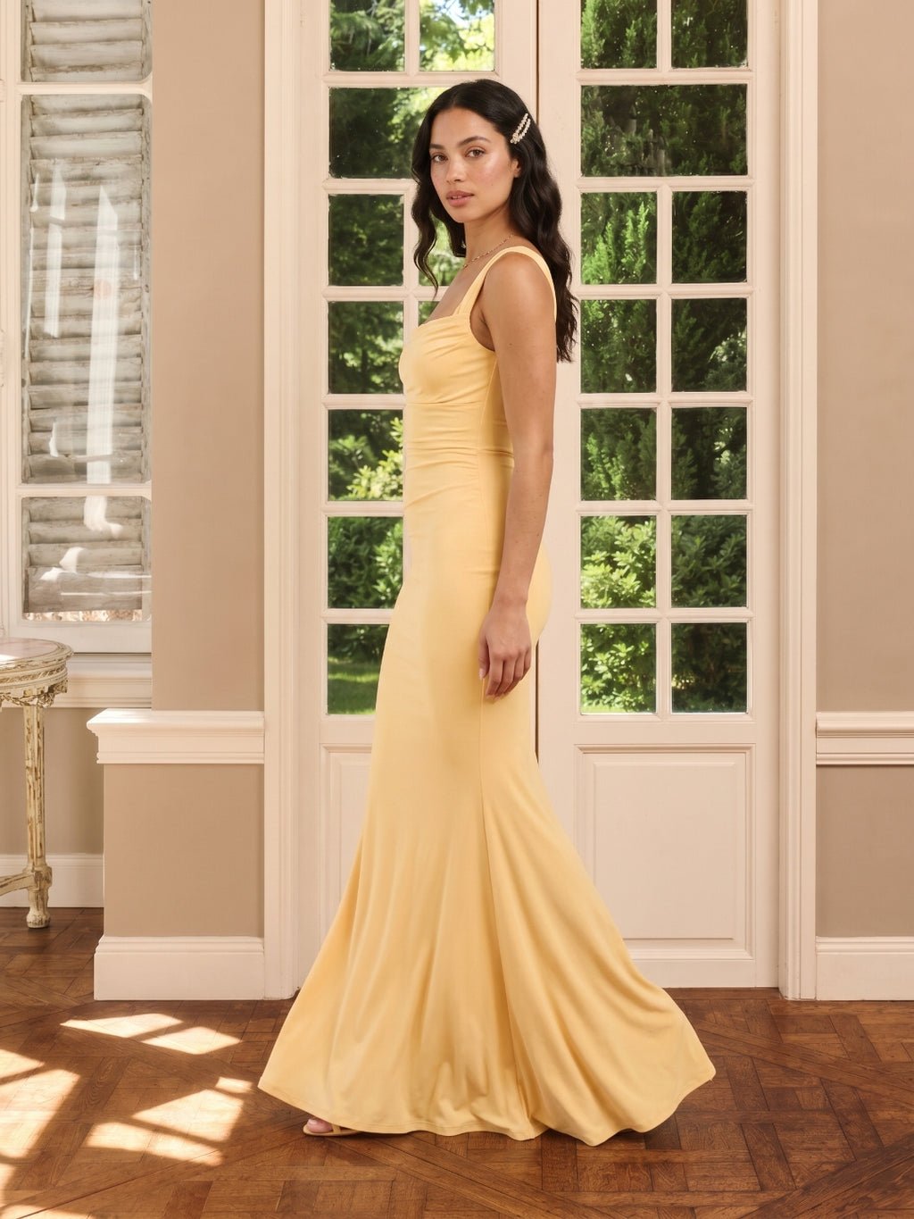 Elegant Butter Stretch Knit mermaid Square Neck Criss-Cross Straps Ankle-Length Bridesmaid Dress