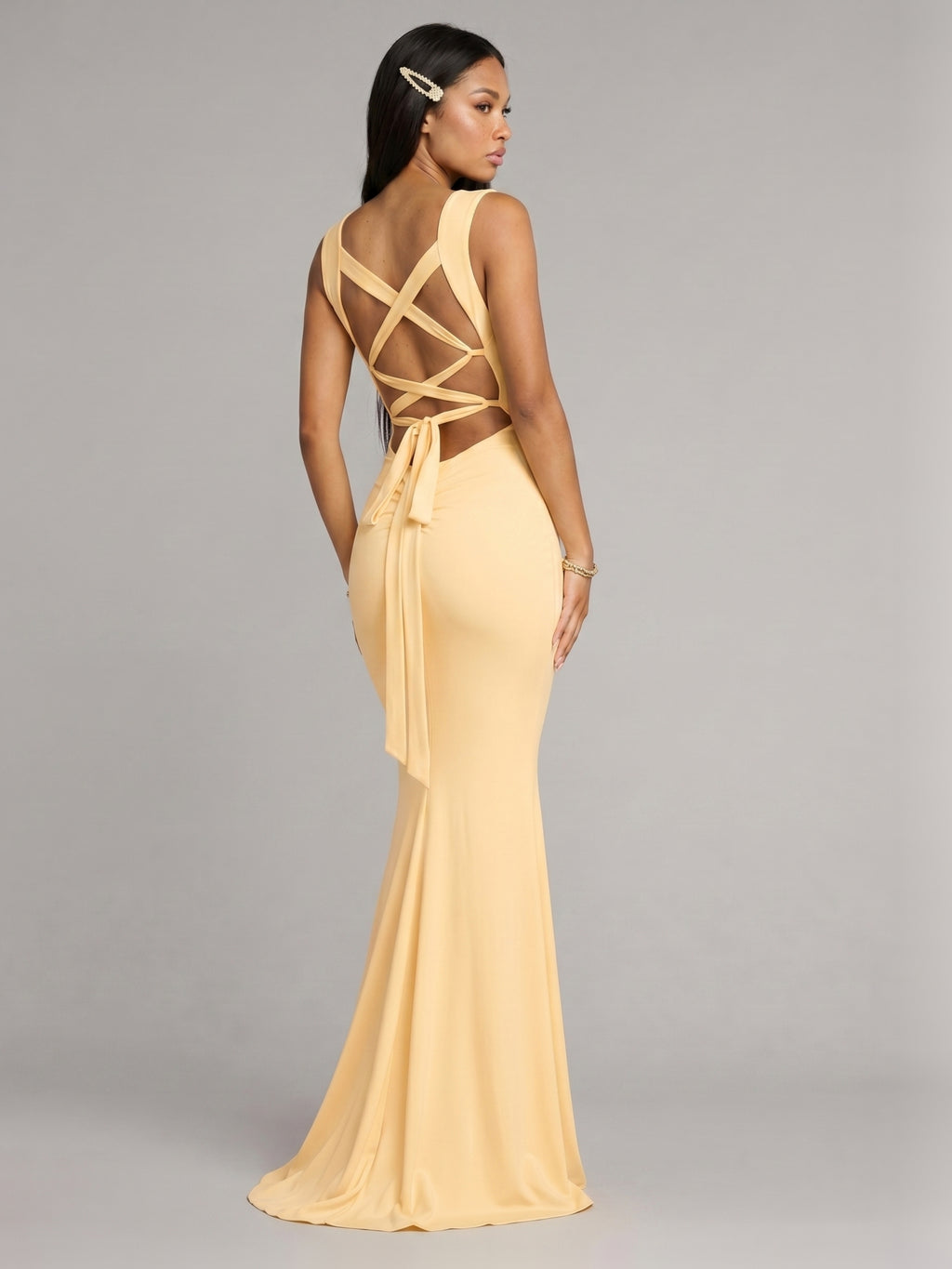 Elegant Butter Stretch Knit mermaid Square Neck Criss-Cross Straps Ankle-Length Bridesmaid Dress