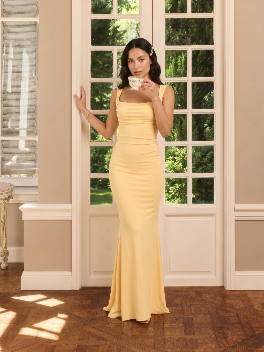 Elegant Butter Stretch Knit mermaid Square Neck Criss-Cross Straps Ankle-Length Bridesmaid Dress