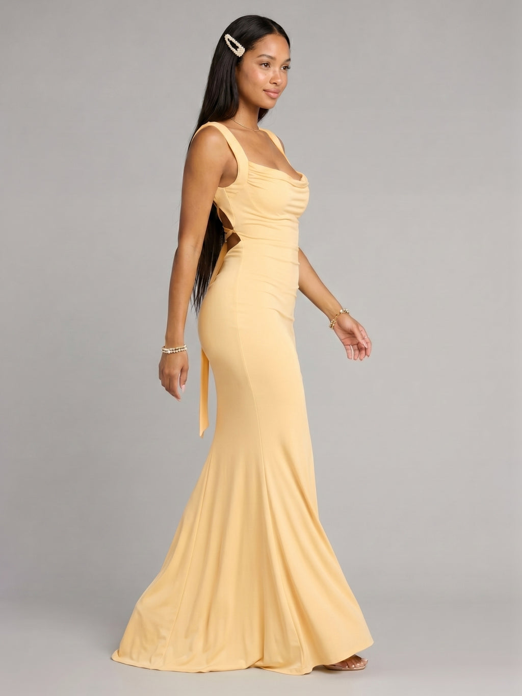 Elegant Butter Stretch Knit mermaid Square Neck Criss-Cross Straps Ankle-Length Bridesmaid Dress