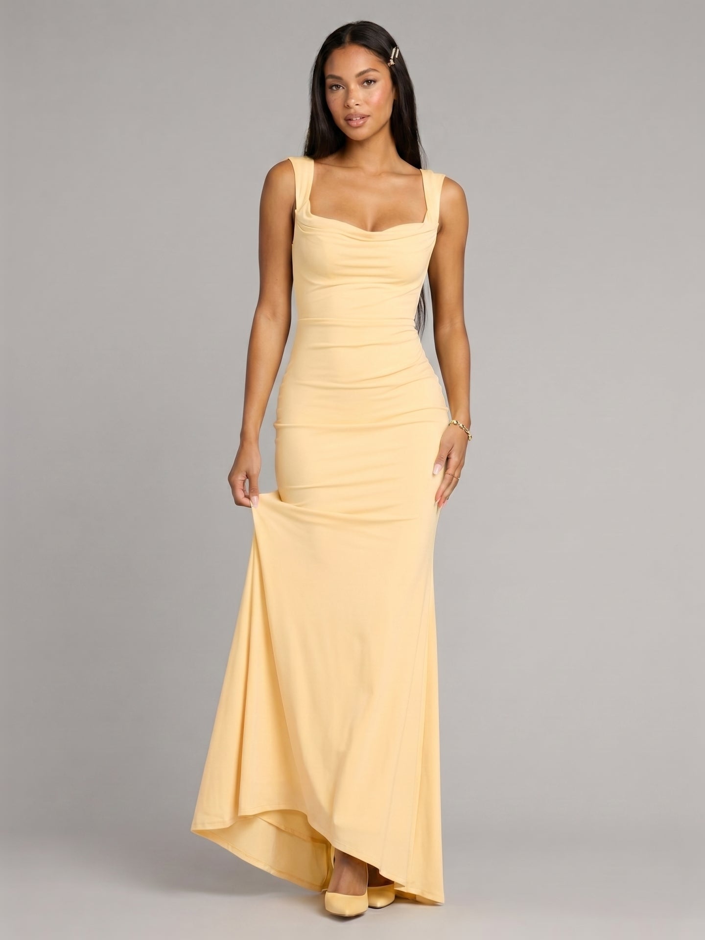 Elegant Butter Stretch Knit mermaid Square Neck Criss-Cross Straps Ankle-Length Bridesmaid Dress