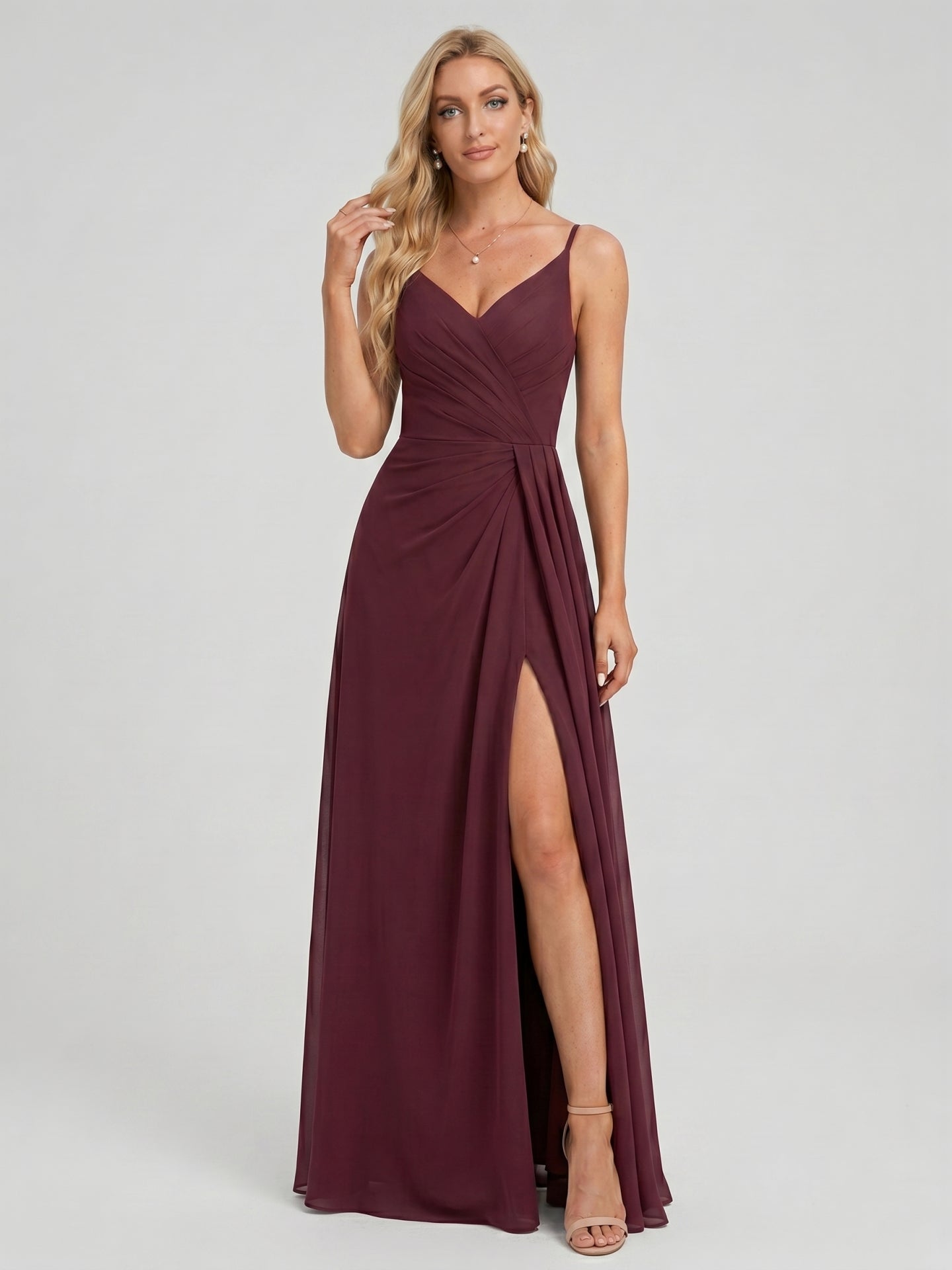 Elegant Cabernet Chiffon A-Line V-Neck Back Zip with Pleated Ankle-Length Bridesmaid Dress