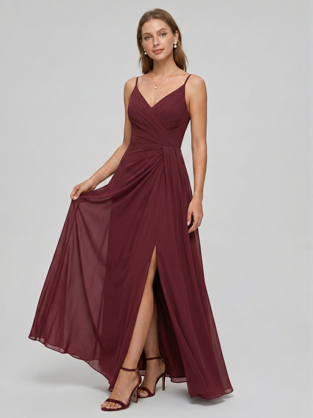 Elegant Cabernet Chiffon A-Line V-Neck Back Zip with Pleated Ankle-Length Bridesmaid Dress