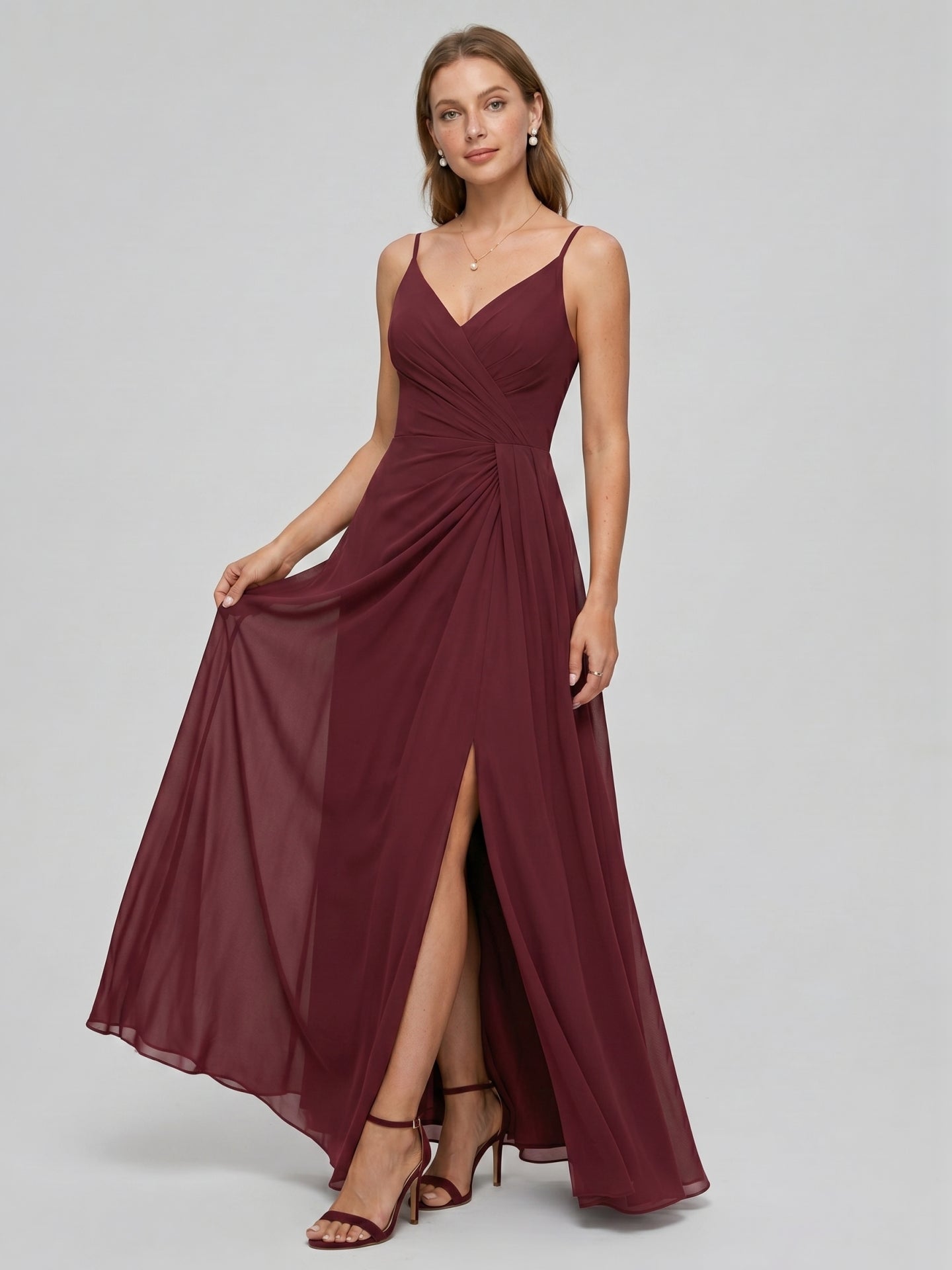 Elegant Cabernet Chiffon A-Line V-Neck Back Zip with Pleated Ankle-Length Bridesmaid Dress