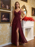 Elegant Cabernet Chiffon A-Line V-Neck Back Zip with Pleated Ankle-Length Bridesmaid Dress