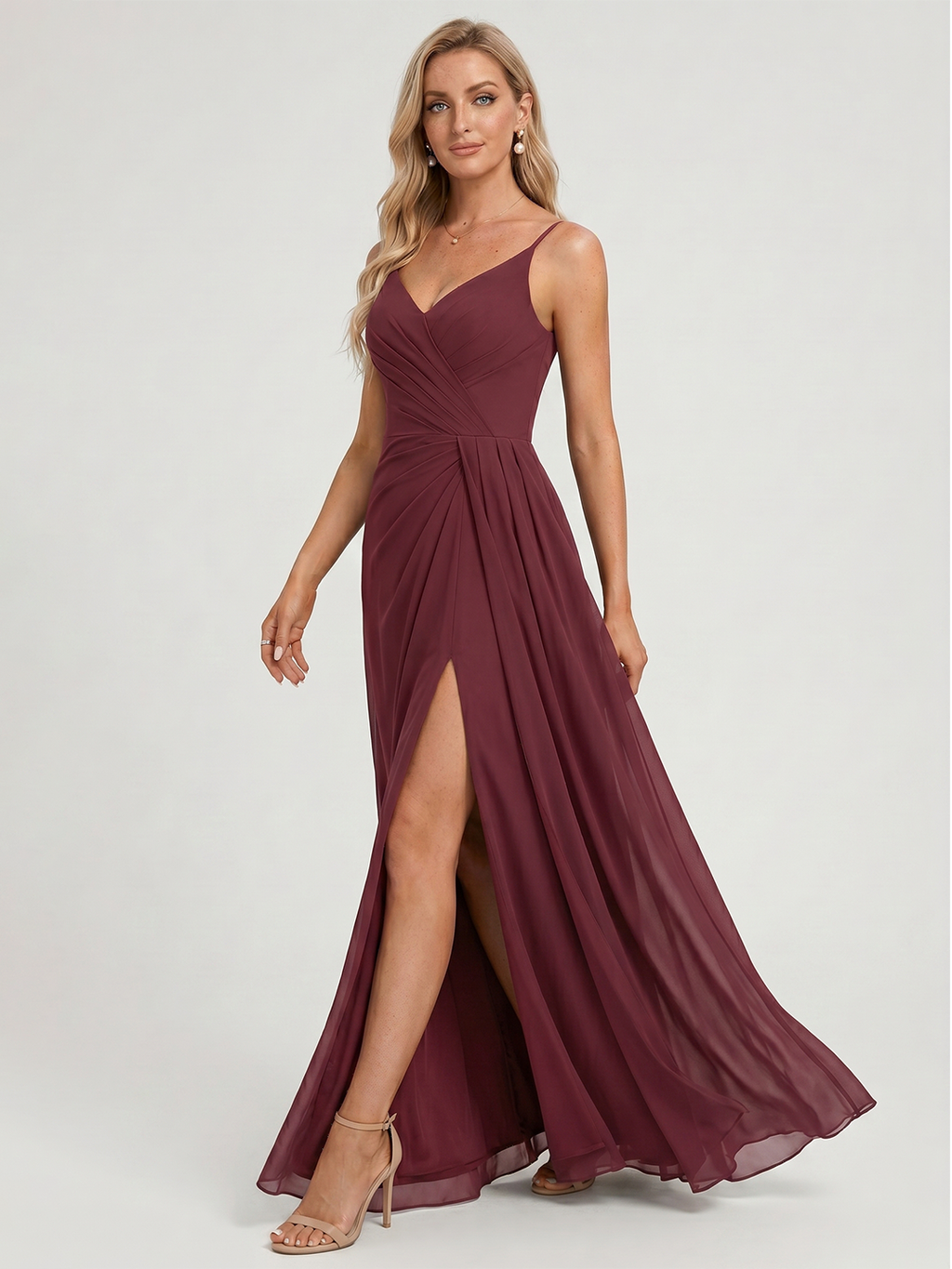 Elegant Cabernet Chiffon A-Line V-Neck Back Zip with Pleated Ankle-Length Bridesmaid Dress